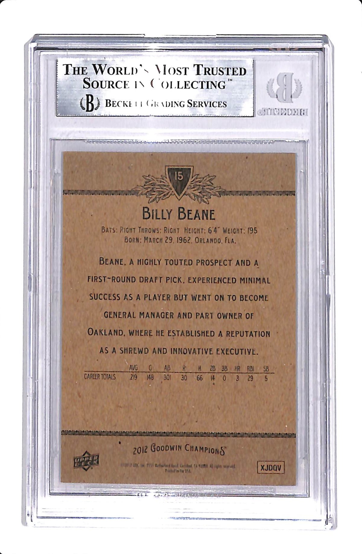 2012 UPPER DECK GOODWIN CHAMPIONS BILLY BEANE AUTO BGS AUTHENTIC #15