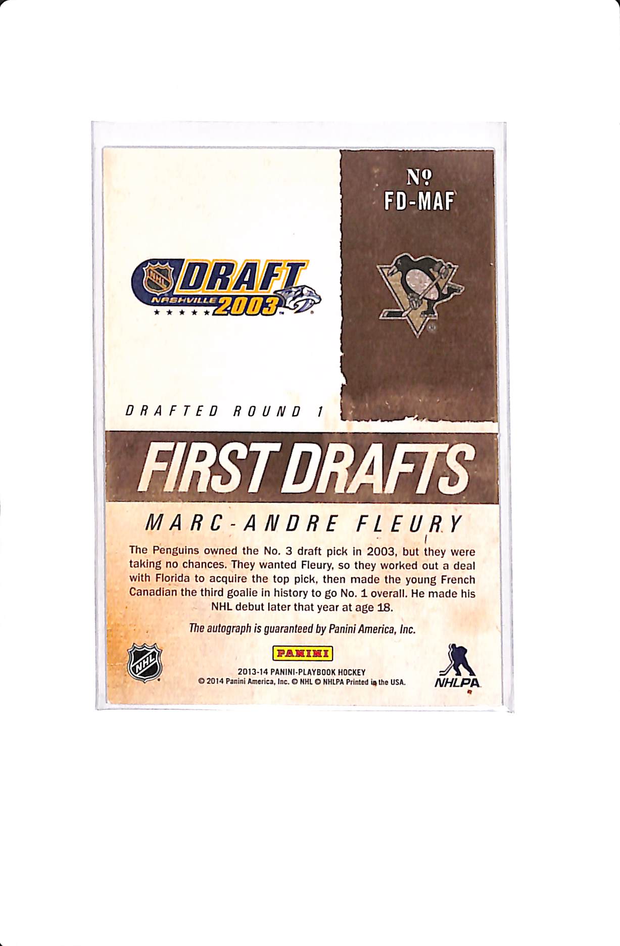 2013-14 PANINI PLAYBOOK MARC-ANDRE FLEURY FIRST DRAFTS AUTO #FD-MAF
