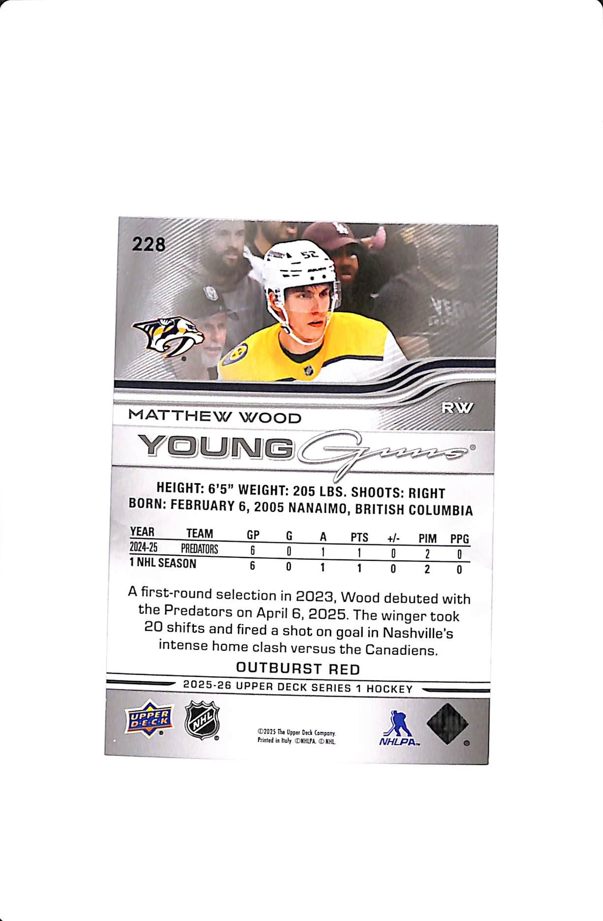 2025-26 UPPER DECK SERIES 1 MATTHEW WOOD YOUNG GUNS OUTBURST RED /25 #228