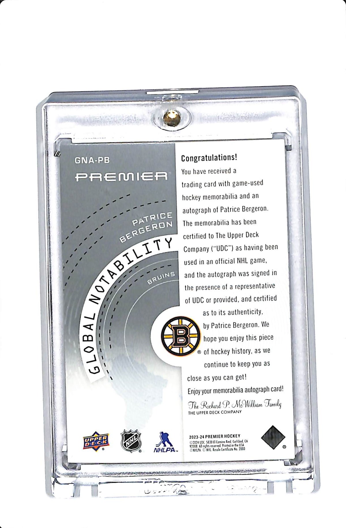 2023-24 UD PREMIER PATRICE BERGERON GLOBAL NOTABILITY PATCH AUTO /25 #GNA-PB
