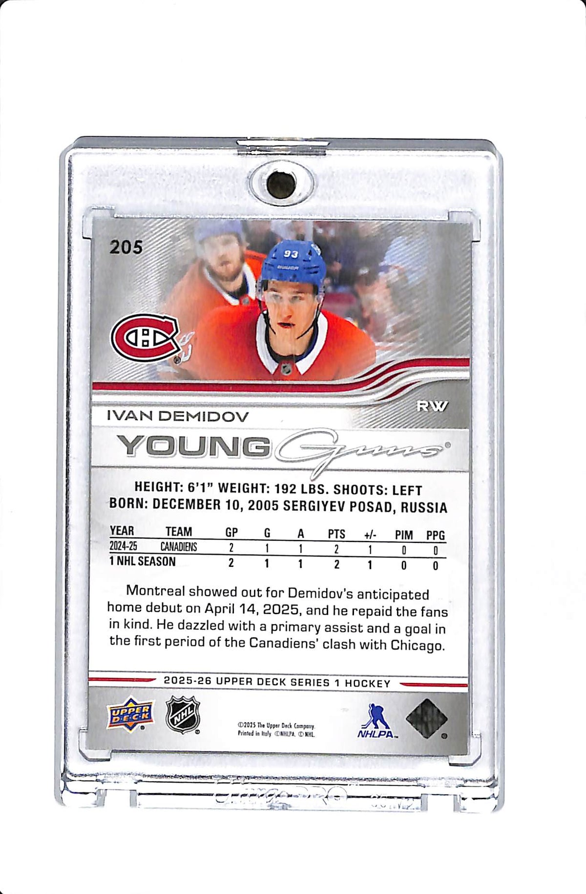 2025-26 UPPER DECK SERIES 1 IVAN DEMIDOV YOUNG GUNS #205