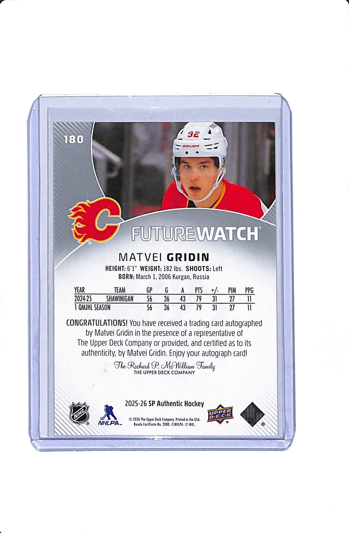2025-26 UPPER DECK SP AUTHENTIC MATVEI GRIDIN #180 FUTURE WATCH AUTO /999