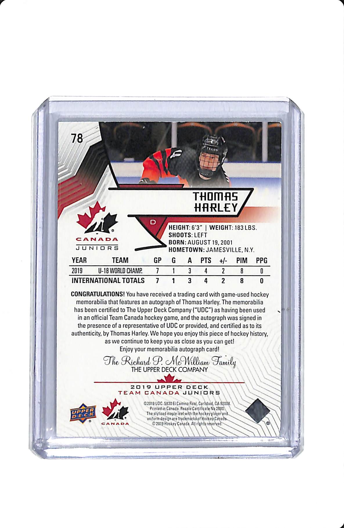 2019-20 UPPER DECK TEAM CANADA JUNIORS THOMAS HARLEY GOLD PATCH AUTO #78 197/199