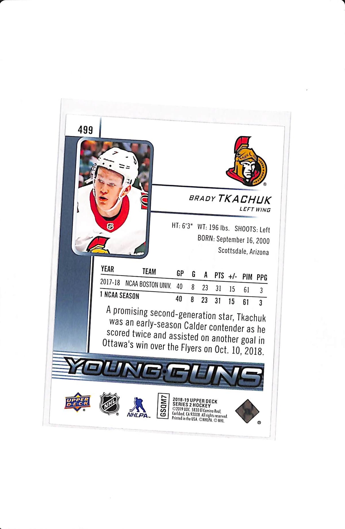 2018-19 UPPER DECK SERIES 2 BRADY TKACHUK YOUNG GUNS #499