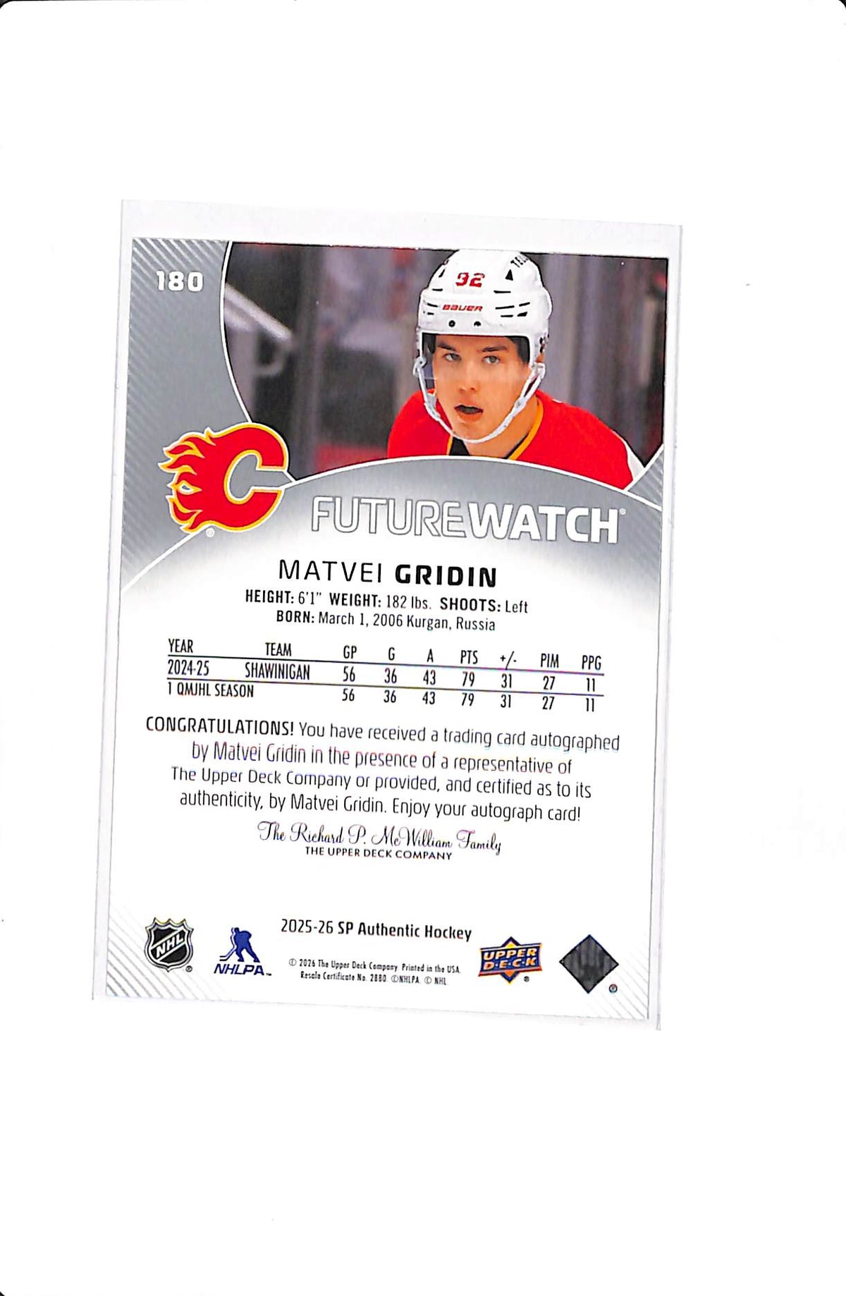 2025-26 UPPER DECK MATVEI GRIDIN #180 FUTURE WATCH AUTO /999