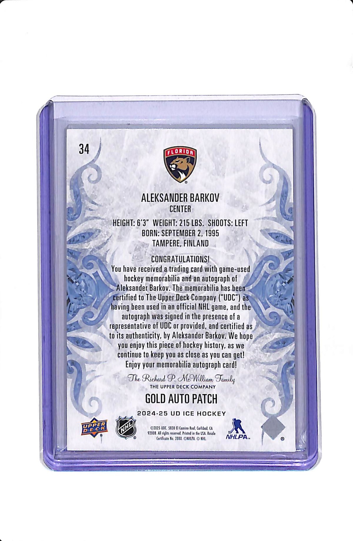2024-25 UPPER DECK ALEKSANDER BARKOV #34 GOLD AUTO PATCH #49