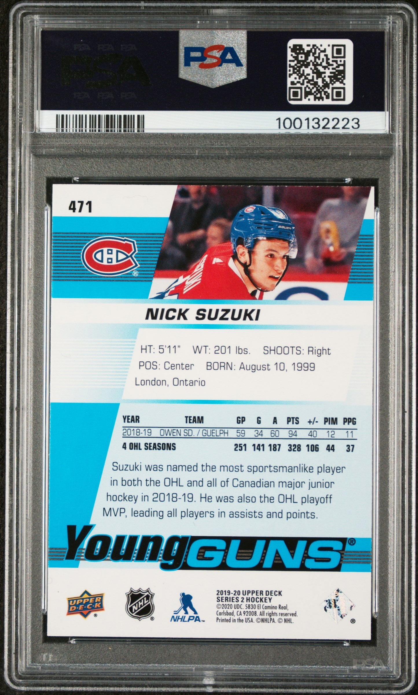2019-20 UPPER DECK SERIES 2 NICK SUZUKI YOUNG GUNS PSA 9 #471