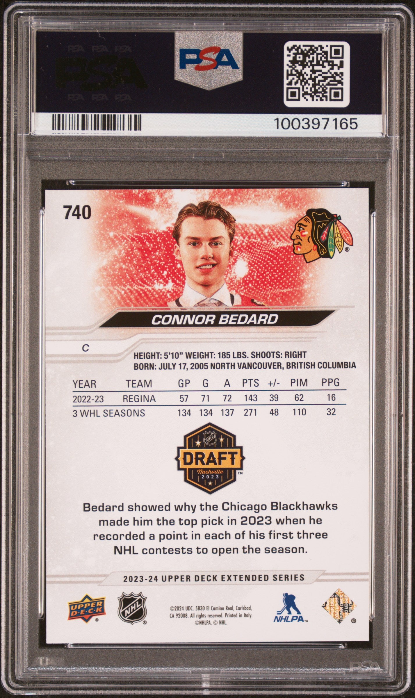 2023-24 UD EXTENDED SERIES CONOR BEDARD OUTBURST DRAFT DAY #740 PSA 9