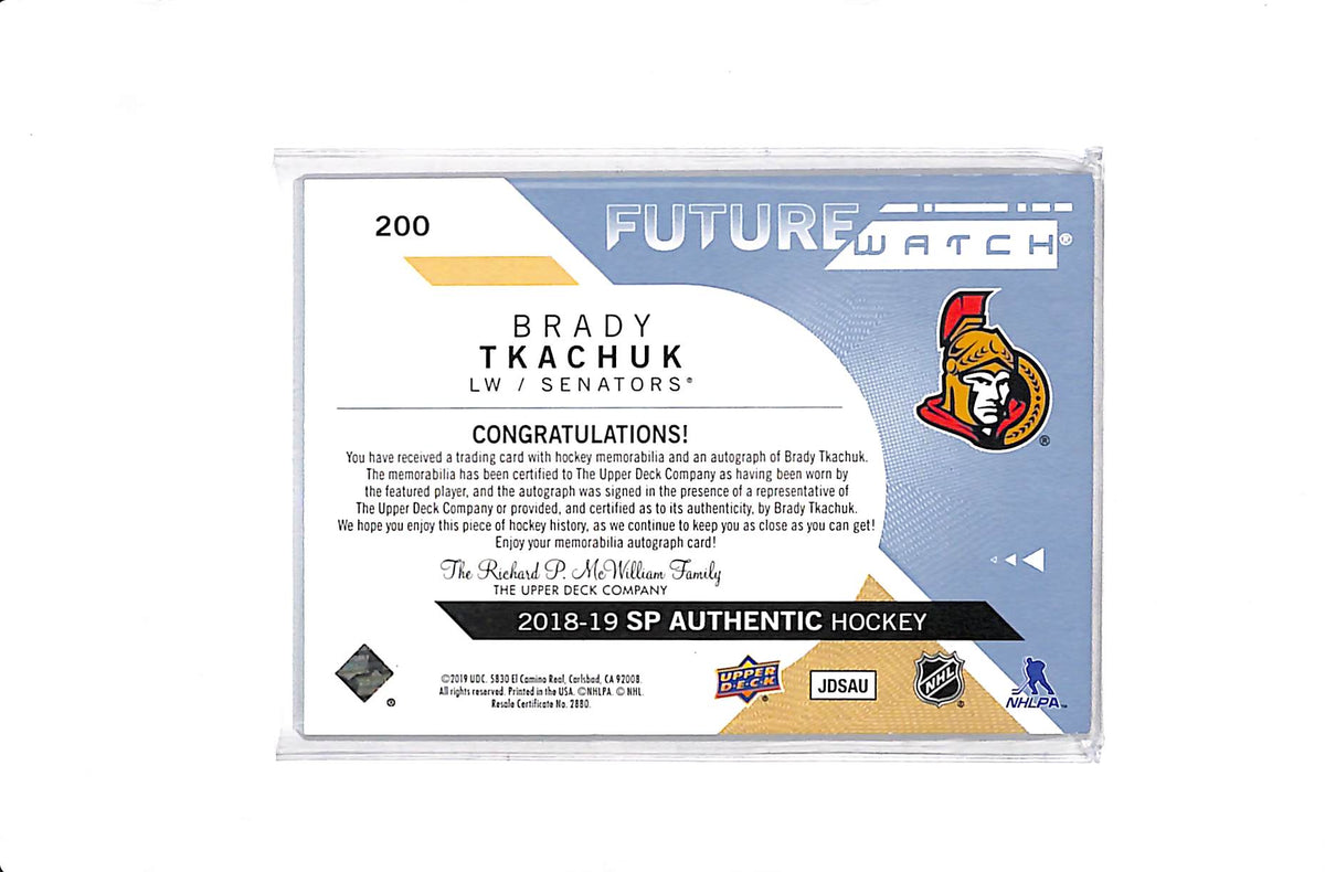 2018-19 UPPER DECK SP AUTHENTIC #200 BRADY TKACHUK FUTURE WATCH PATCH AUTO /100