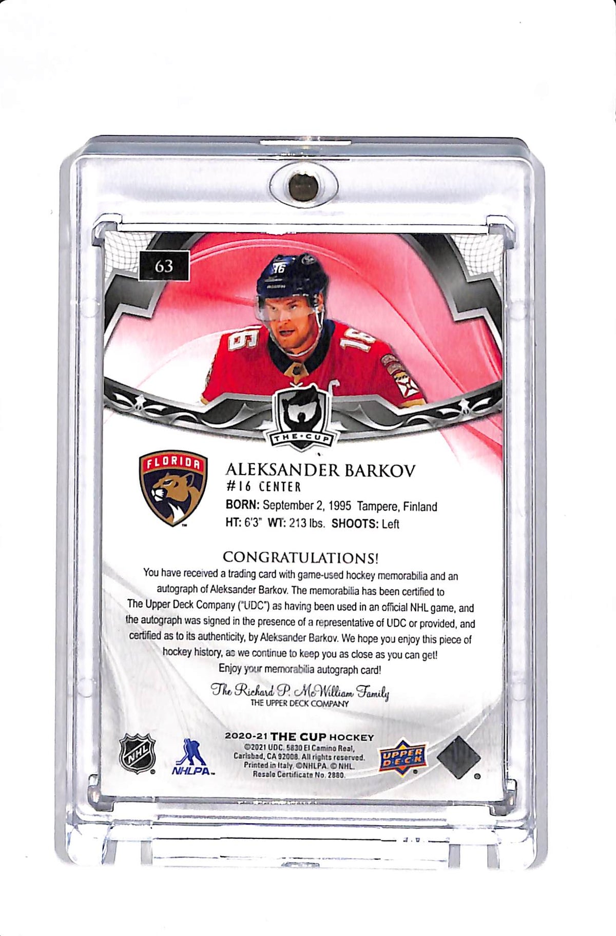 2020-21 UPPER DECK THE CUP ALEKSANDER BARKOV RED TAG AUTO /4 #63