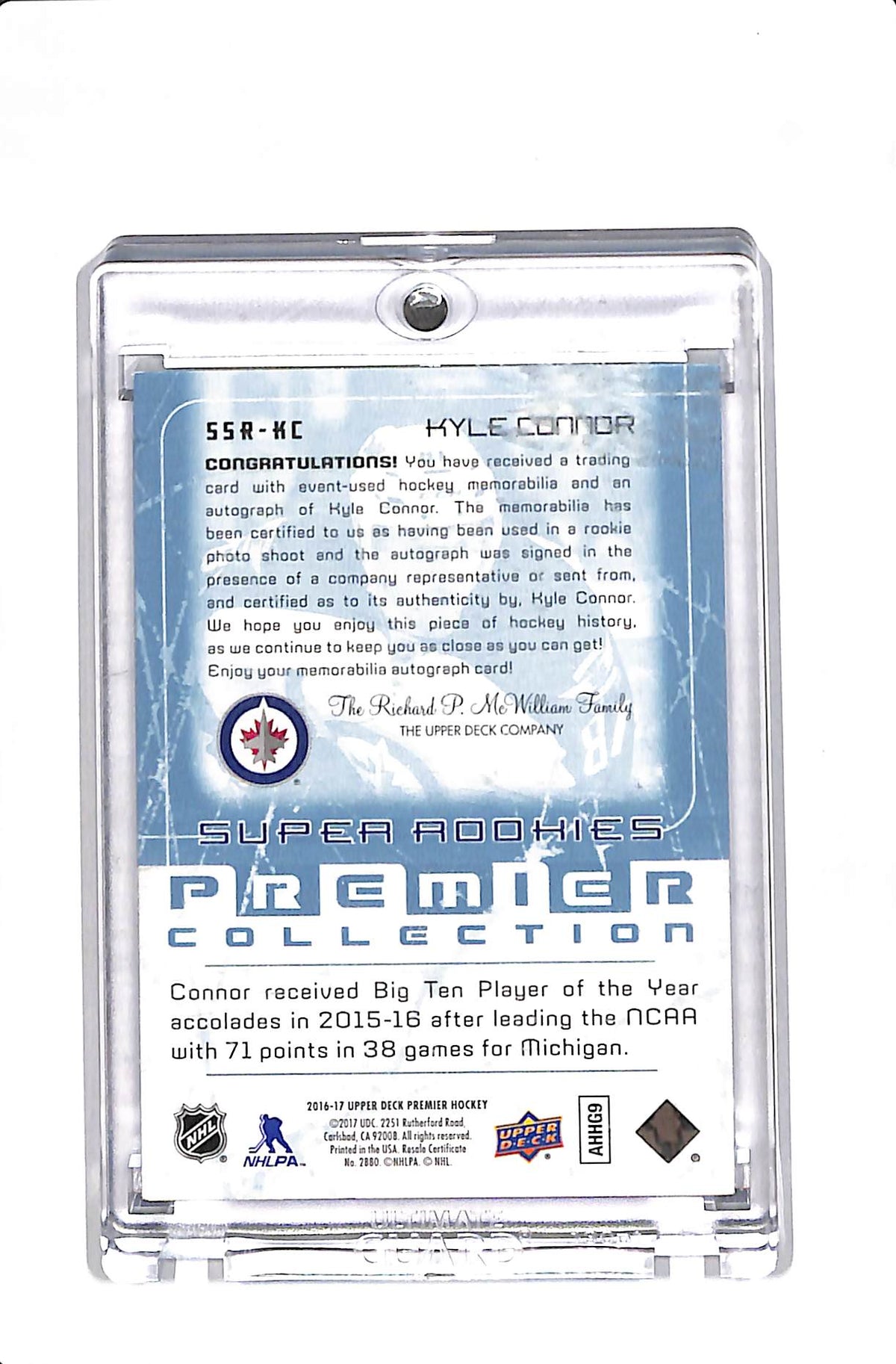 2016 UPPER DECK PREMIER KYLE CONNOR '03 TRIBUTE SUPER ROOKIE AUTO PATCH /99