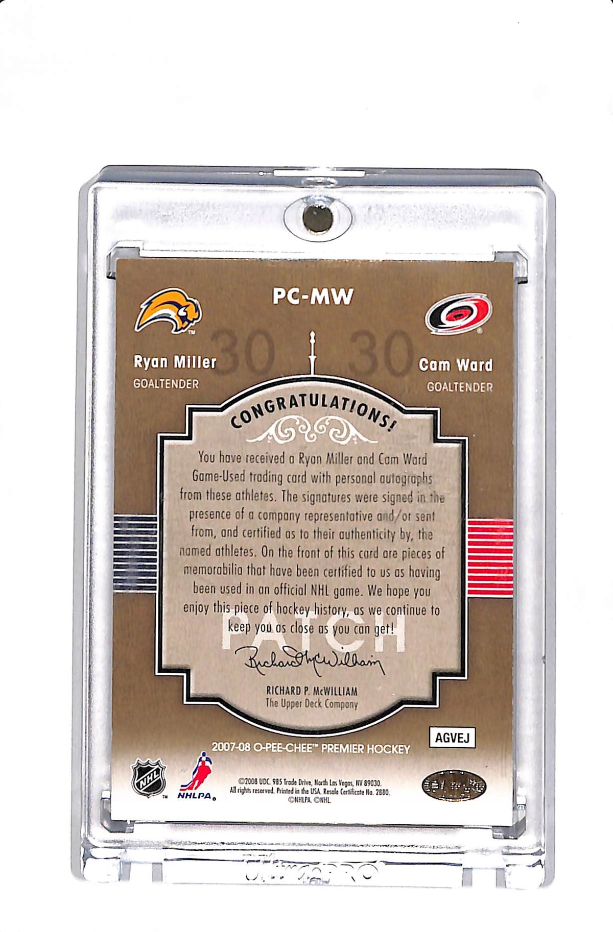 2007-08 UPPER DECK O-PEE-CHEE RYAN MILLER CAM WARD PAIRINGS PATCH AUTO /25