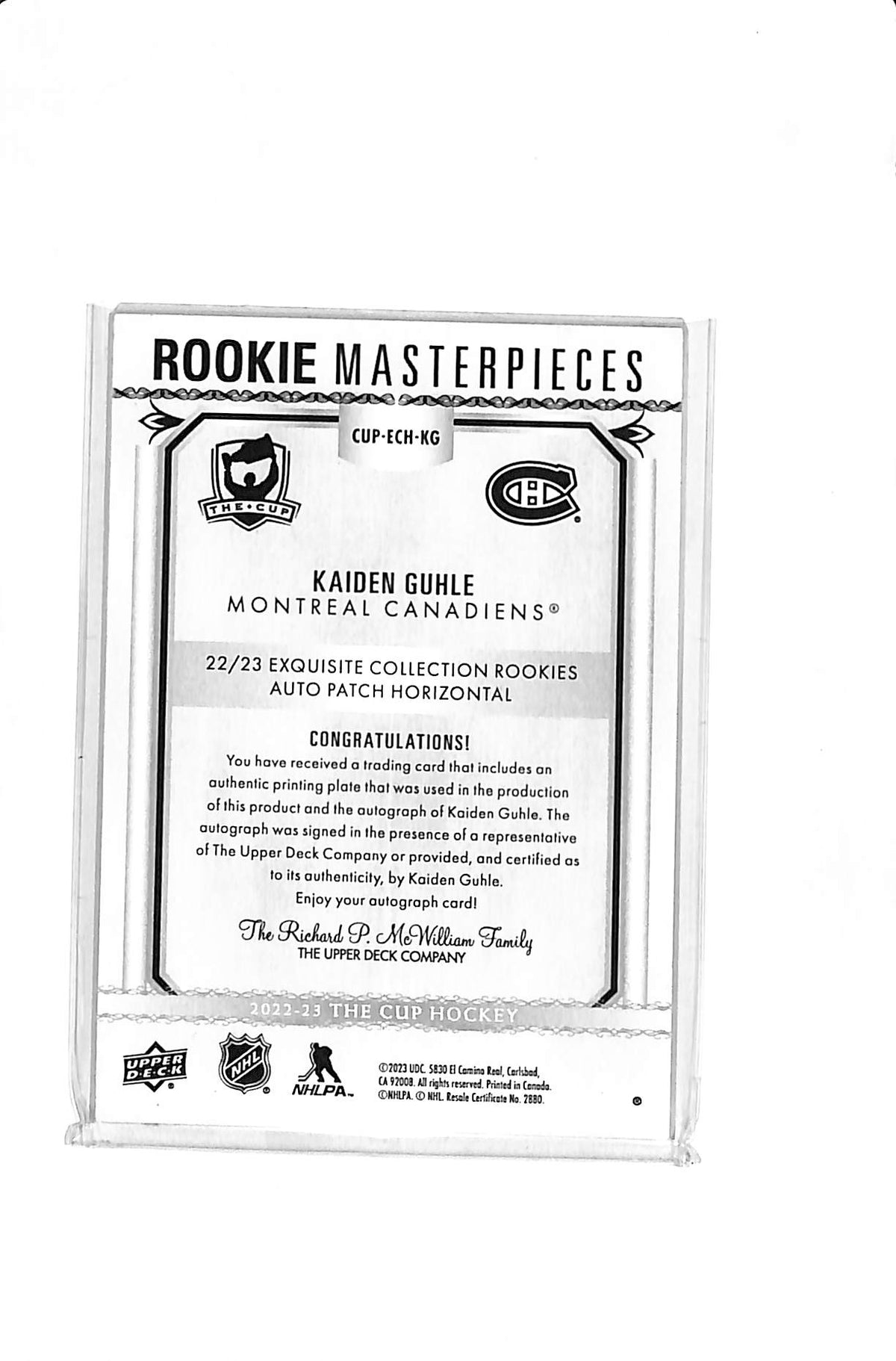 2022-23 UPPER DECK KAIDEN GUHLE ROOKIE MASTERPIECES ECH 1/1 AUTO MAGENTA PRINTING PLATE