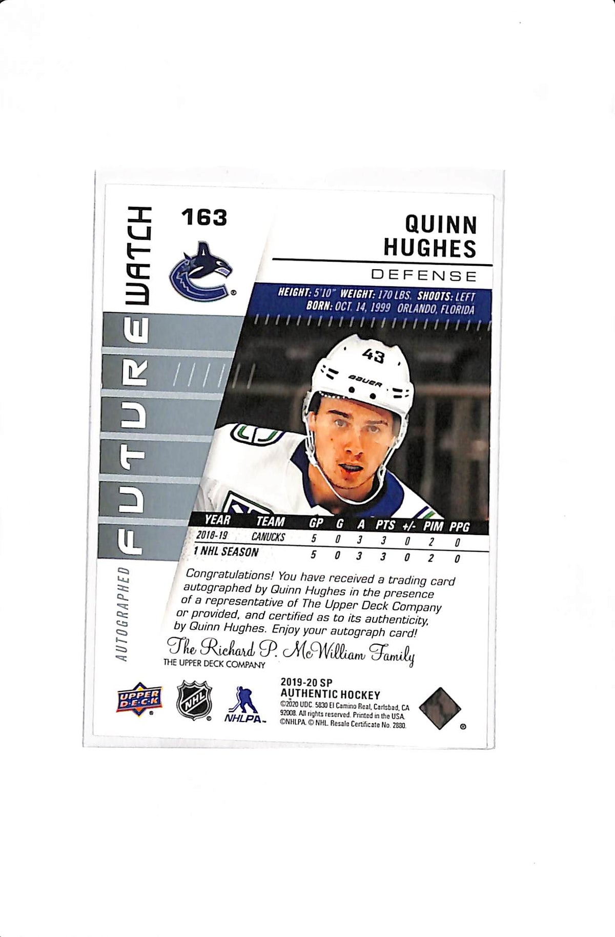2019-20 UPPER DECK SP AUTHENTIC QUINN HUGHES #163 FUTURE WATCH AUTO /999