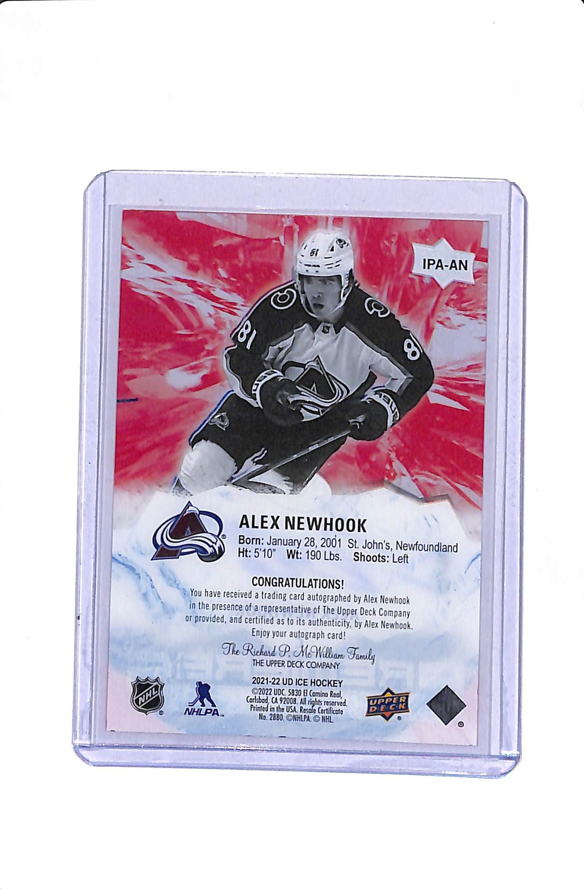 2021-22 UPPER DECK ICE ALEX NEWHOOK #IPA-AN PREMIERES ROOKIE AUTO /99