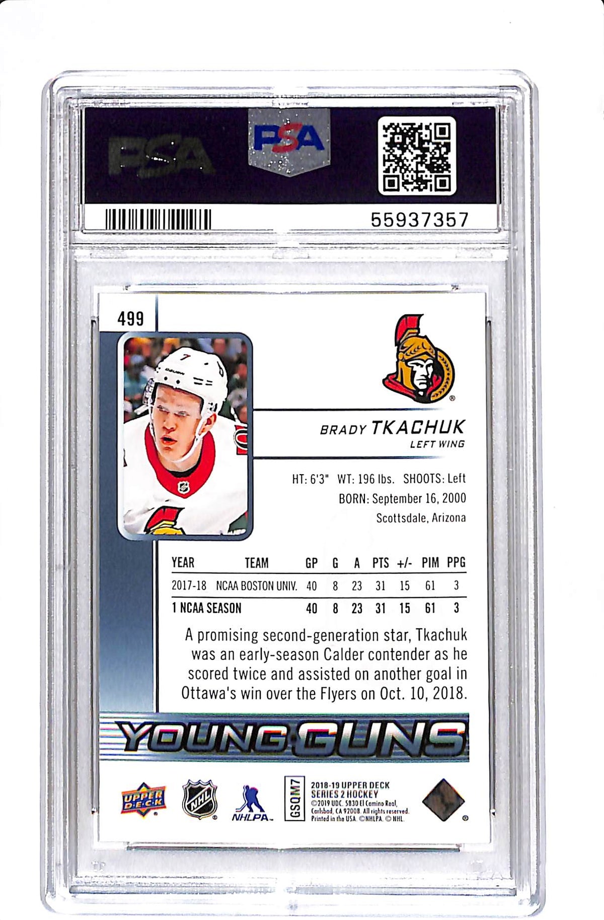 2018 UPPER DECK #499 BRADY TKACHUK YOUNG GUNS PSA 10