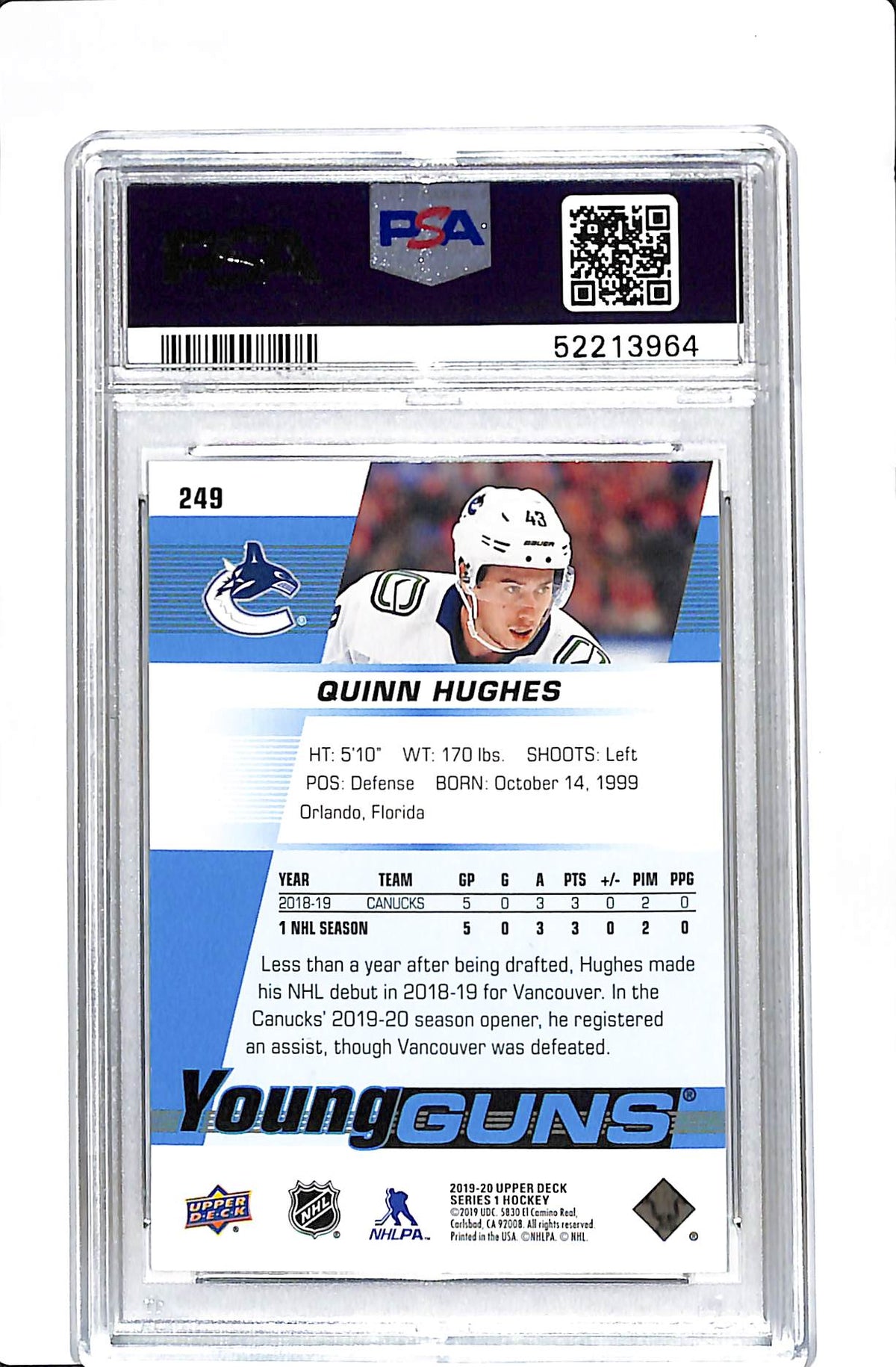 2019 UPPER DECK #249 QUINN HUGHES YOUNG GUNS PSA 9