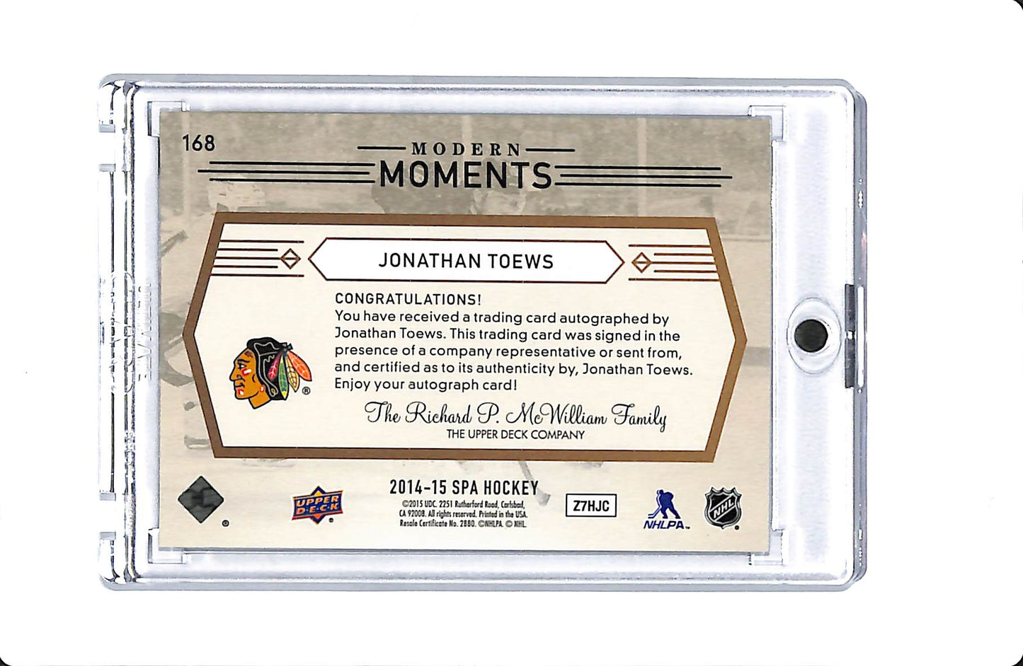 2014-15 SPA HOCKEY MODERN MOMENTS JONATHAN TOEWS AUTO
