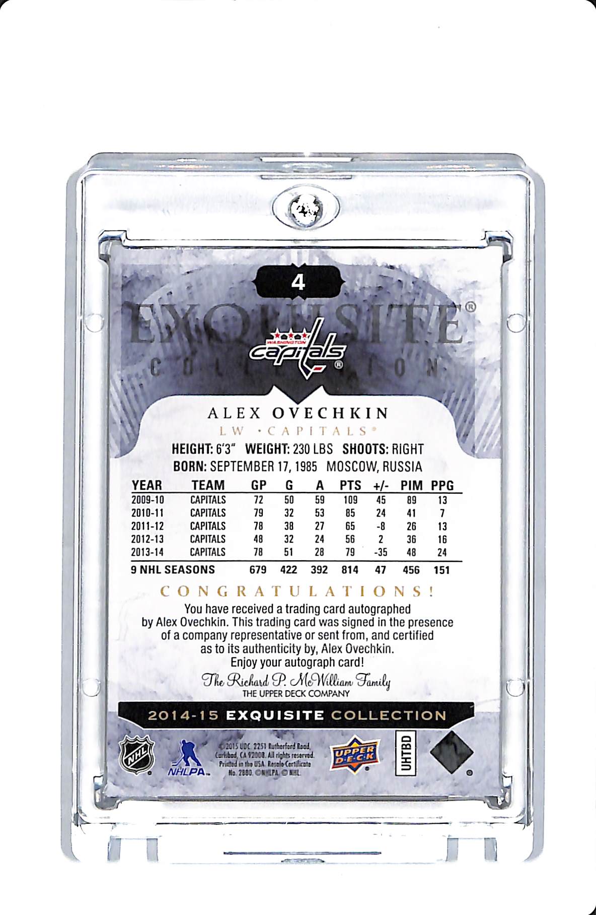 2014-15 UPPER DECK EXQUISITE COLLECTION ALEX OVECHKIN AUTO 22/25