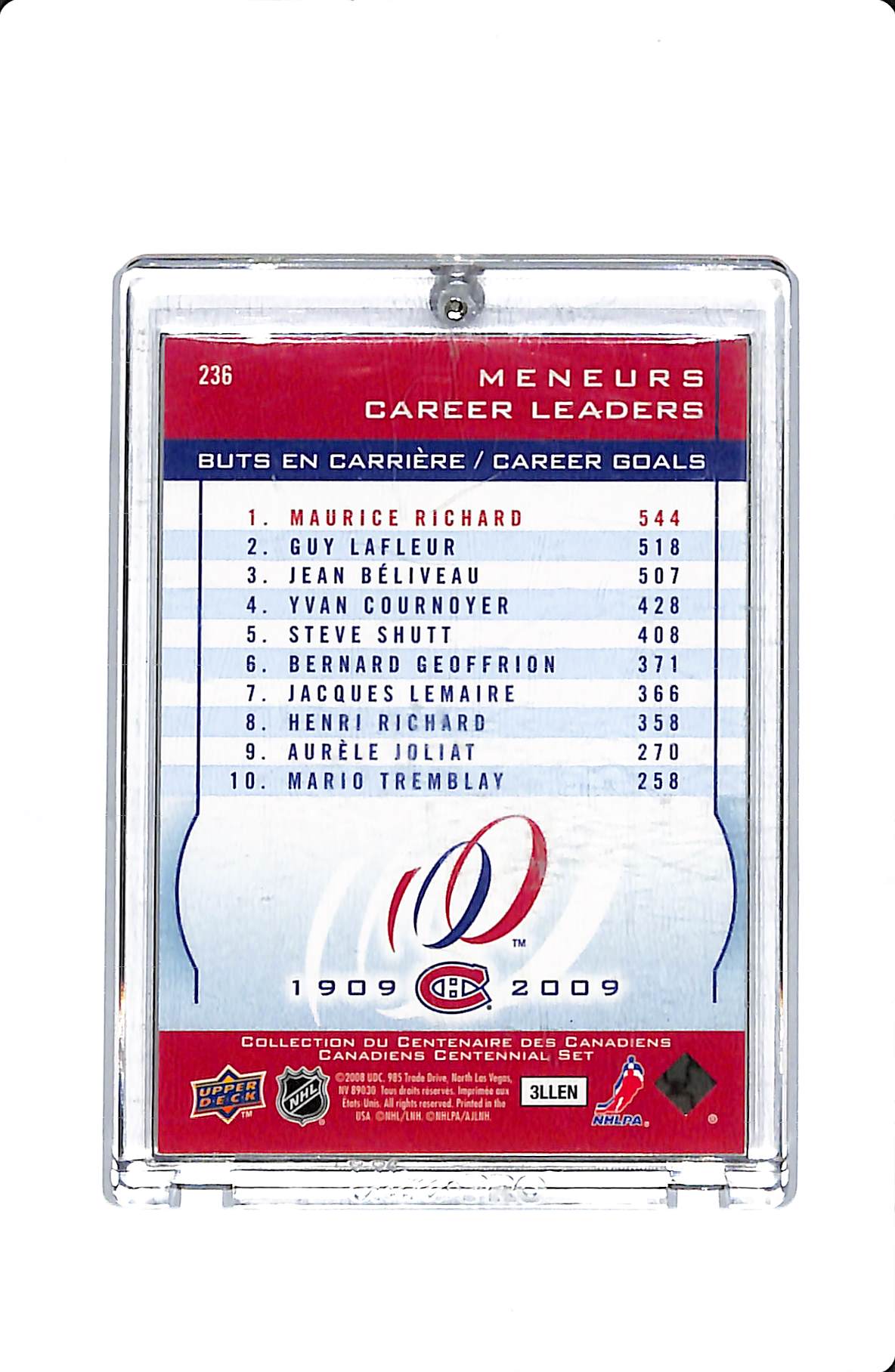 2008-09 UPPER DECK CANADIENS CENTENNIAL SET CAREER LEADERS MAURICE RICHARD /100