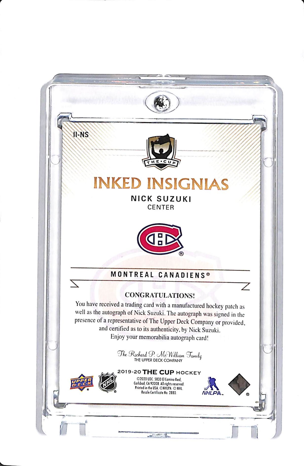2019 UPPER DECK THE CUP #II-NS NICK SUZUKI INKED INSIGNIAS ROOKIE PATCH AUTO /75