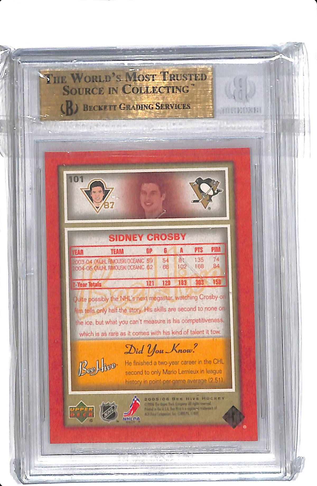 2005-06 UPPER DECK BEE HIVE SIDNEY CROSBY #101 RED ROOKIE BGS 9.5