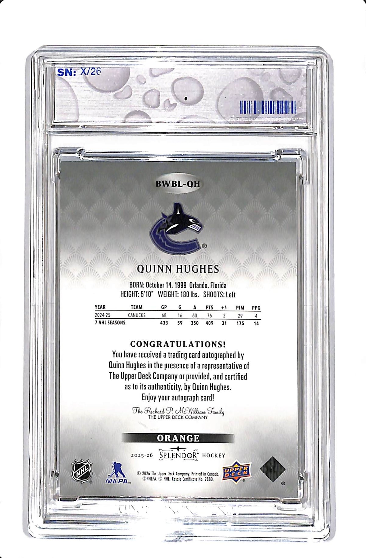 2025-26 UD SPLENDOR QUINN HUGHES BLACK AND WHITE BORDERLESS AUTO ORANGE /26 #BWBL-QH