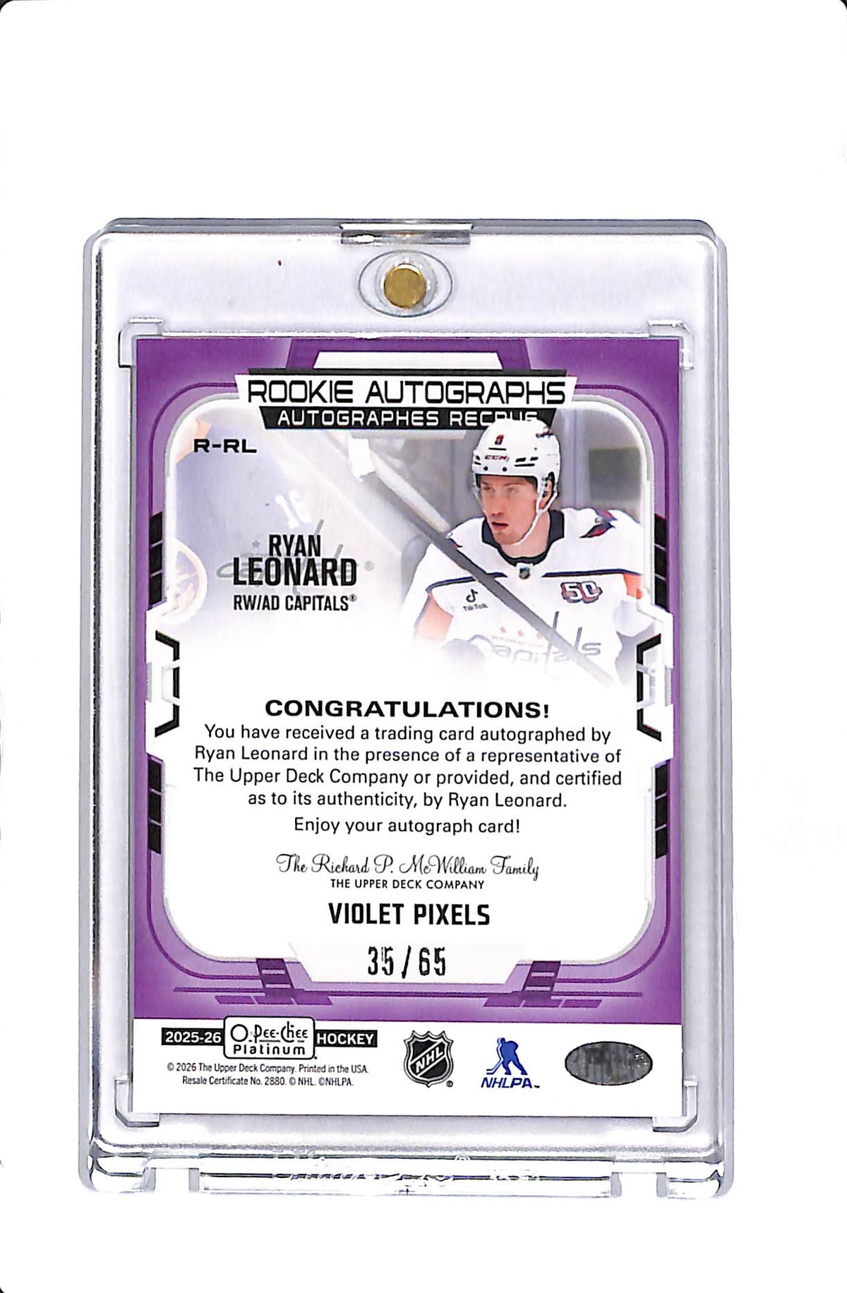 2025-26 UD O-PEE-CHEE PLATINUM #R-RL RYAN LEONARD VIOLET PIXELS ROOKIE AUTO /65