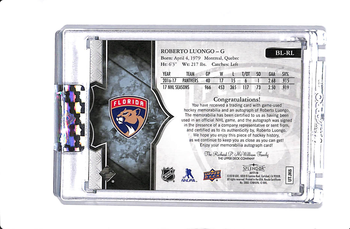 2017-18 UPPER DECK SPLENDOR #BL-RL ROBERTO LUONGO PATCH AUTO /36 GAME USED