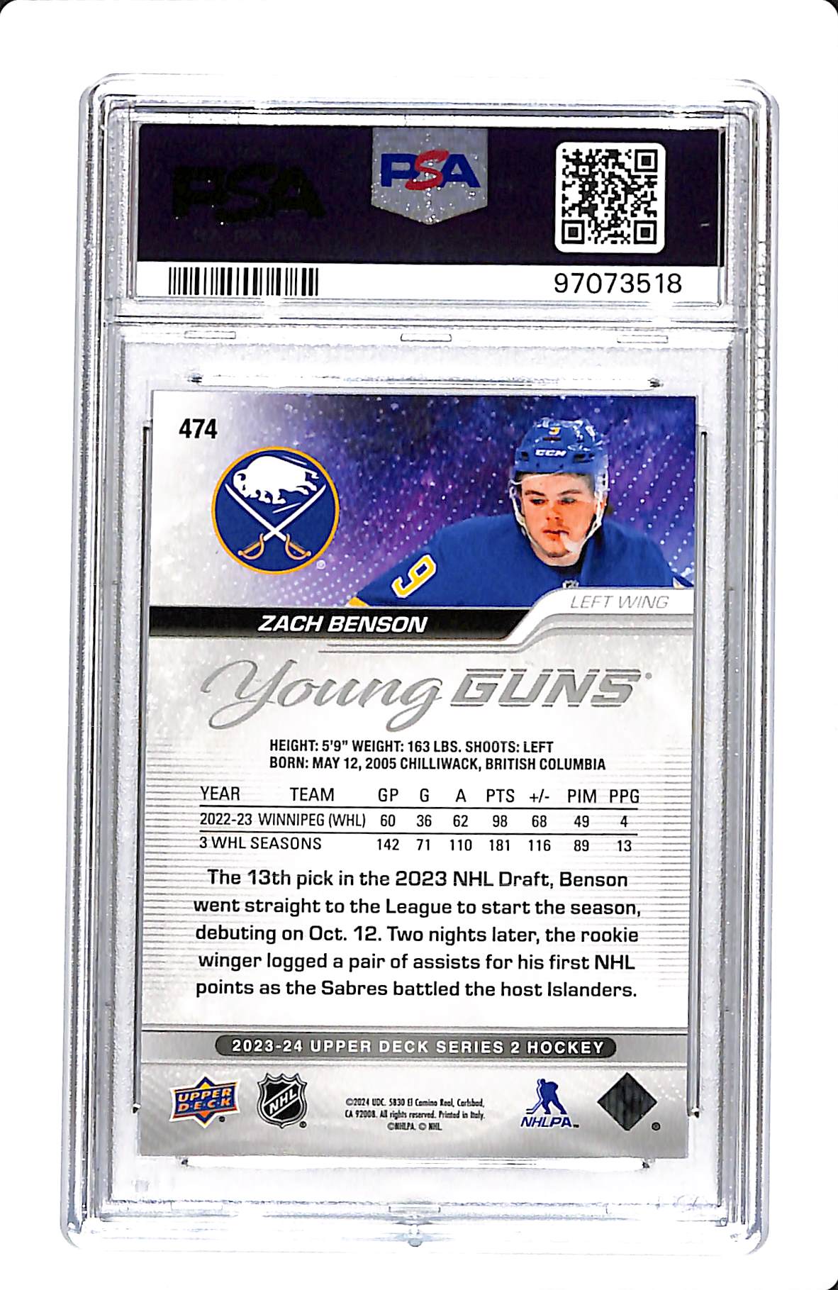 2023 UPPER DECK YOUNG GUNS ZACH BENSON PSA 10