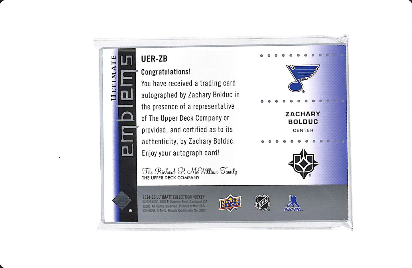 2024-25 UPPER DECK ULTIMATE COLLECTION ULTIMATE EMBLEMS ZACHARY BOLDUC AUTO