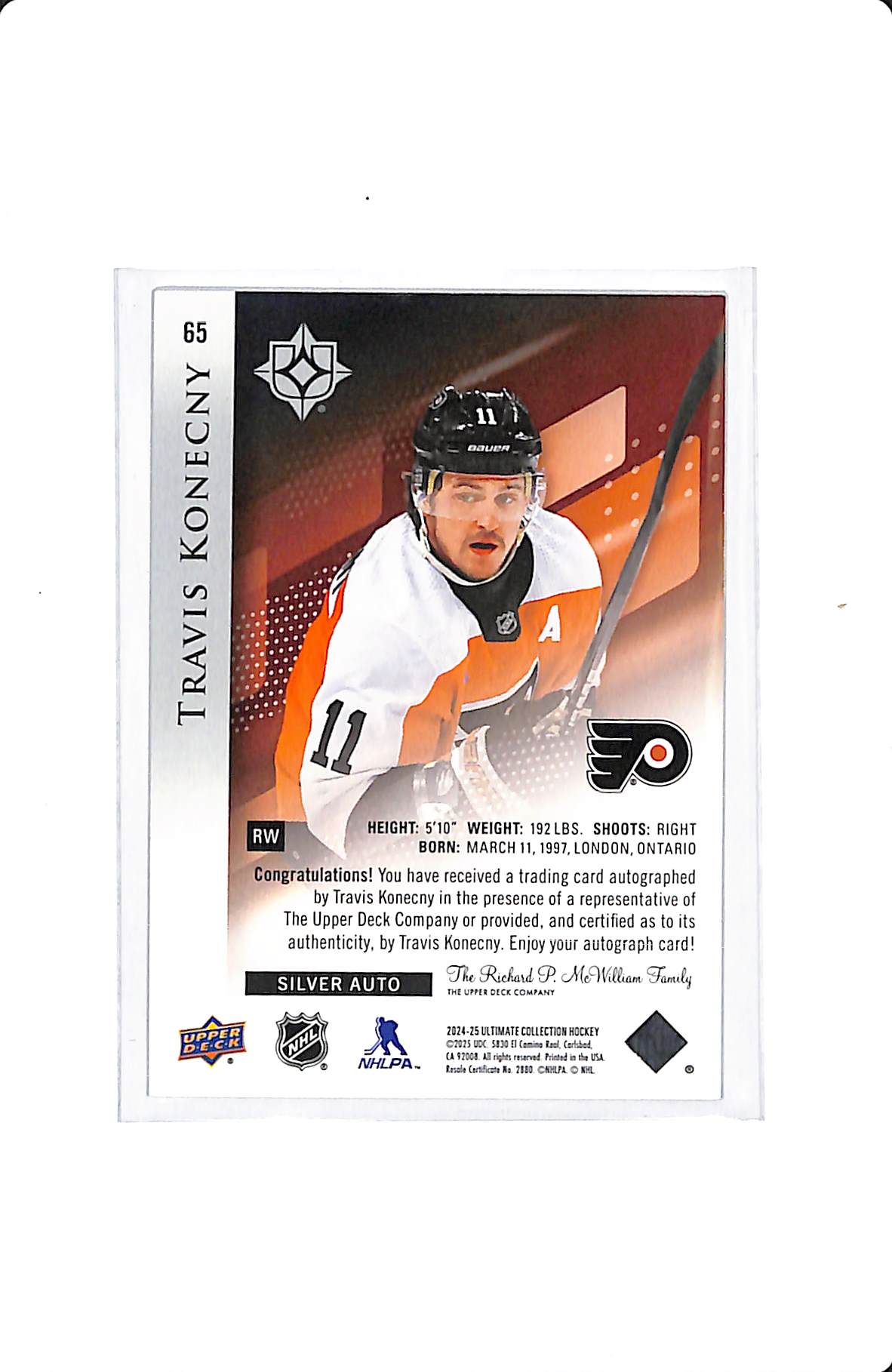 2024-25 UPPER DECK ULTIMATE COLLECTION TRAVIS KONECNY SILVER AUTO