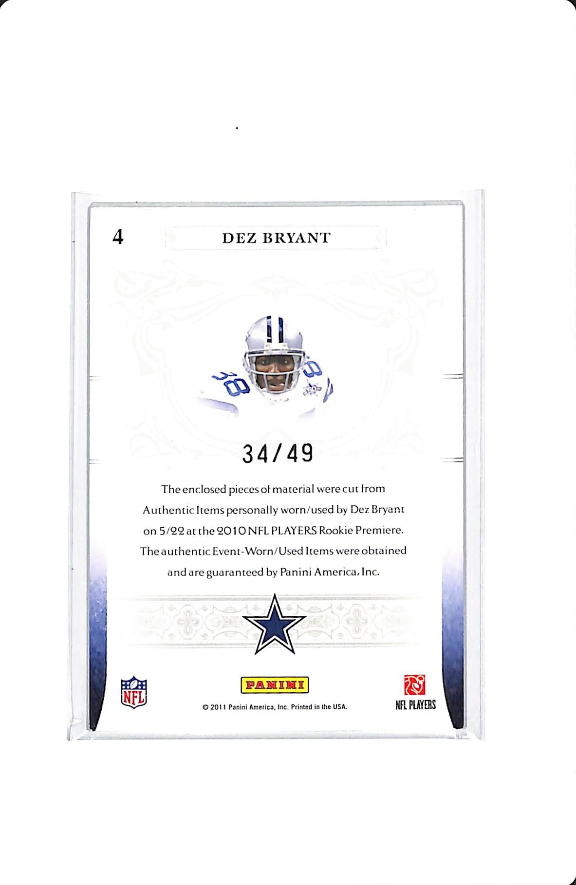 2011 PANINI NATIONAL TREASURES NFL GEAR DEZ BRYANT DUAL PATCH 34/49