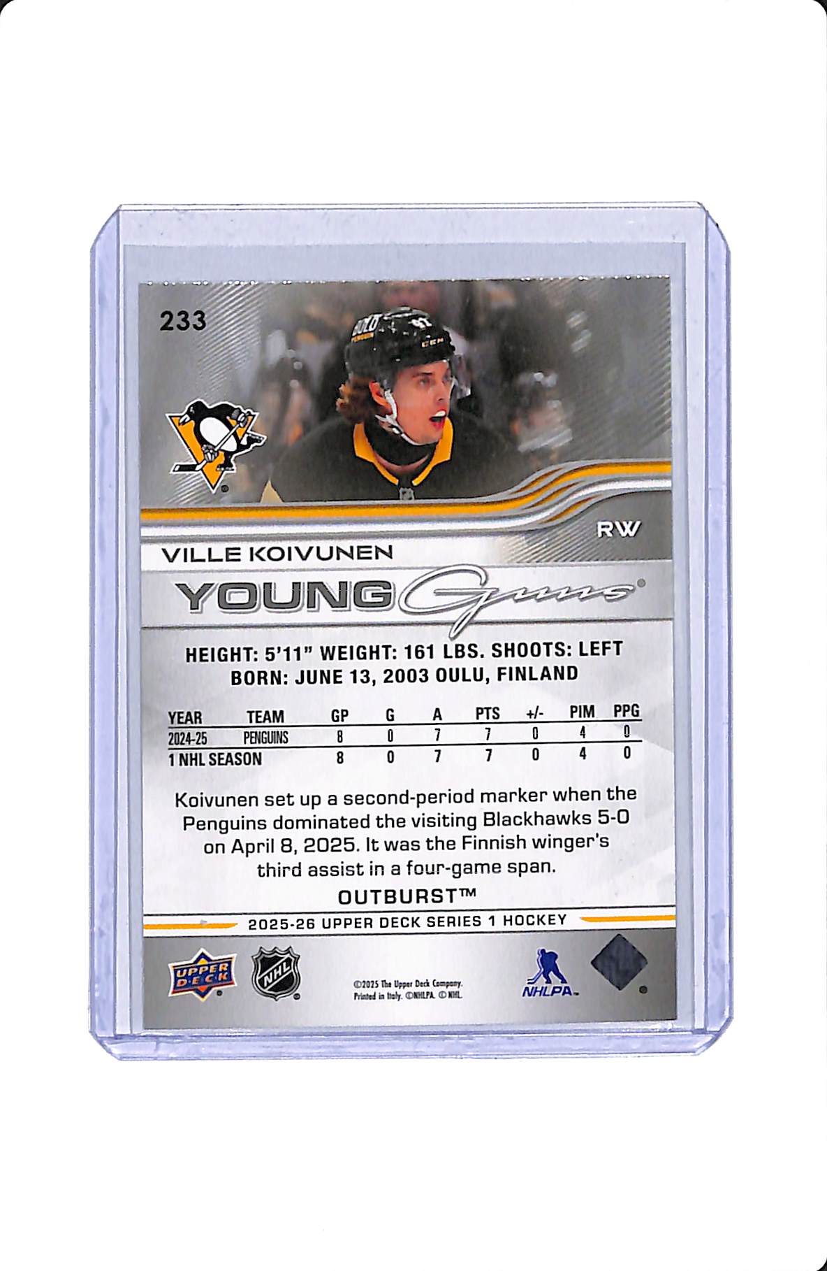 2025-26 UPPER DECK SERIES 1 YOUNG GUNS VILLE KOIVUNEN OUTBURST