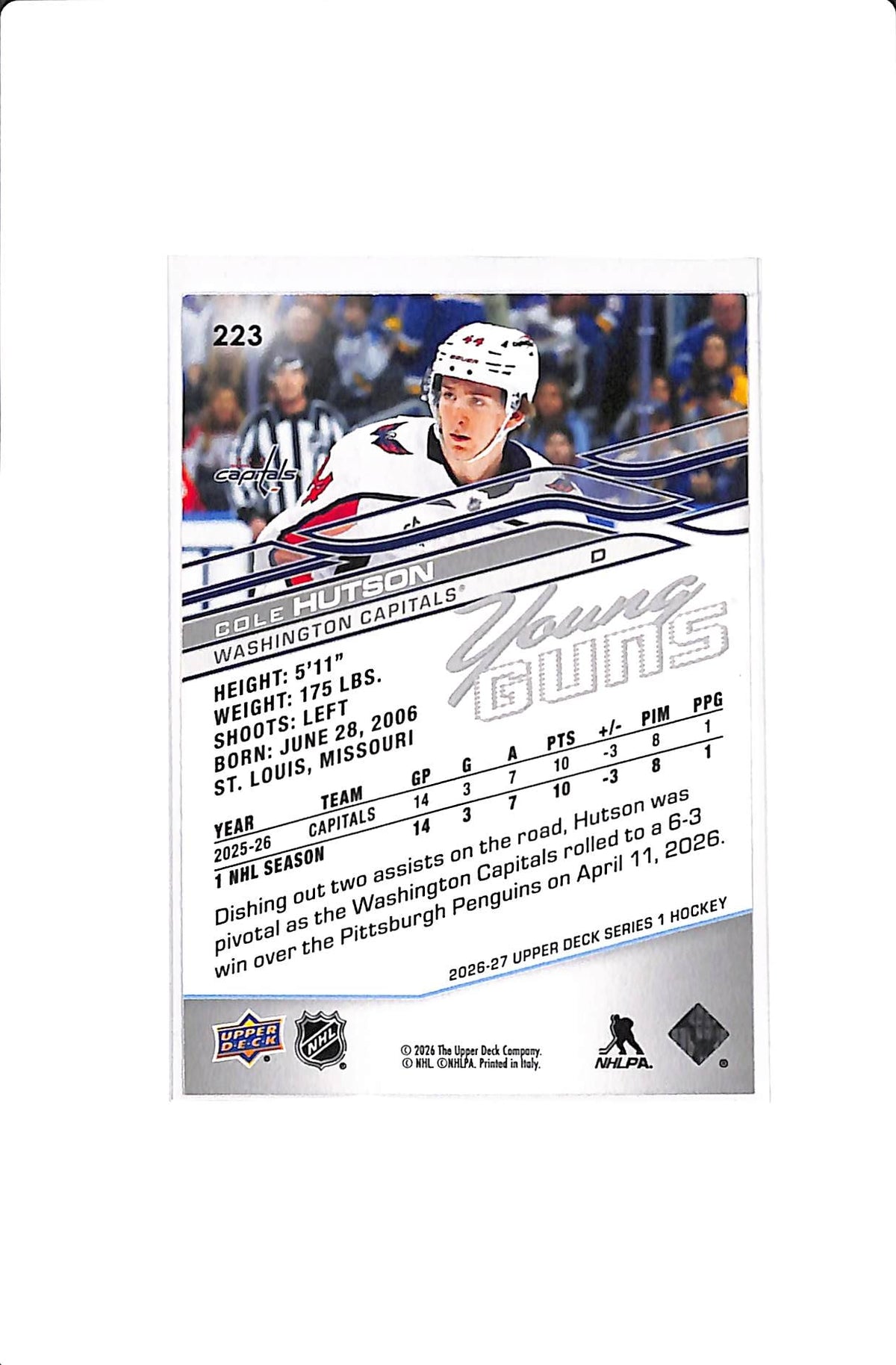 2026-27 UPPER DECK SERIES 1 COLE HUTSON YOUNG GUNS #223
