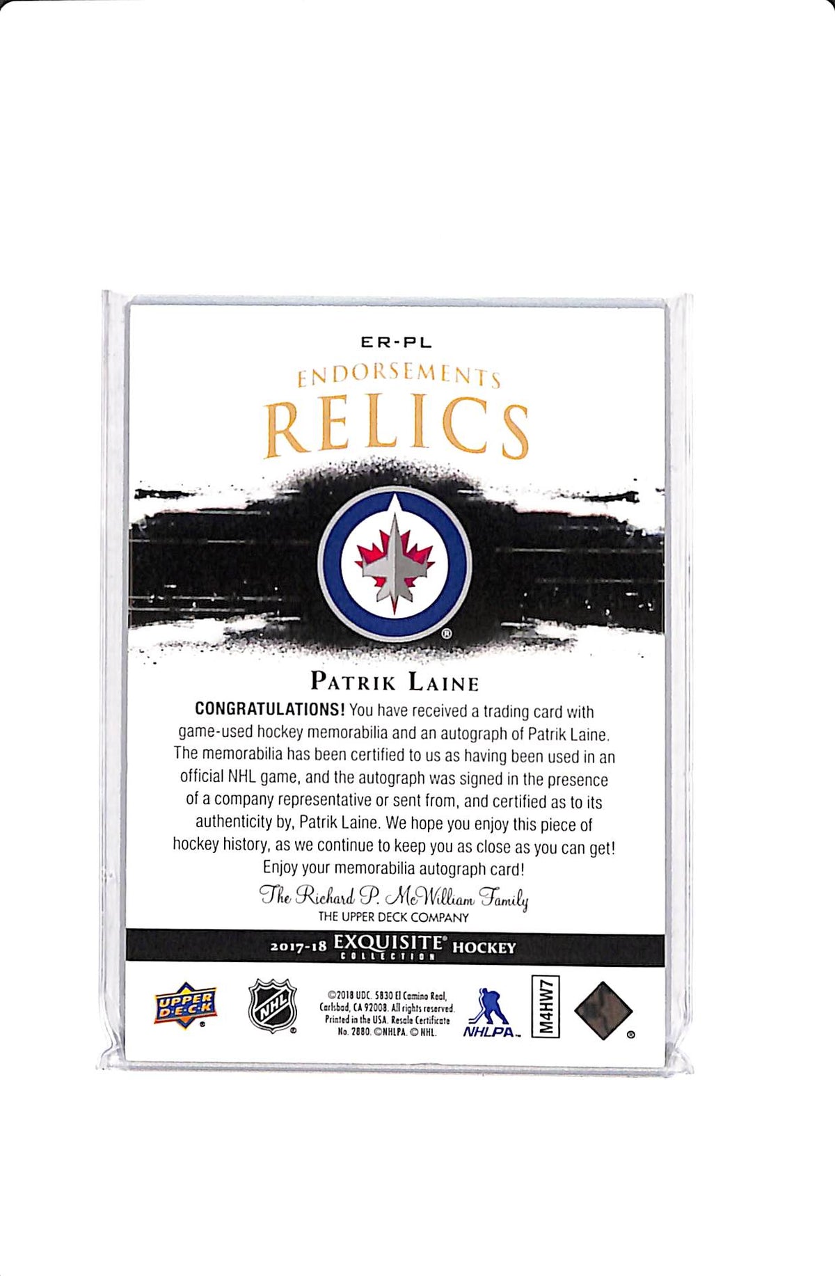 2017-18 EXQUISITE COLLECTION PATRIK LAINE ENDORSEMENT RELICS /25 #ER-PL