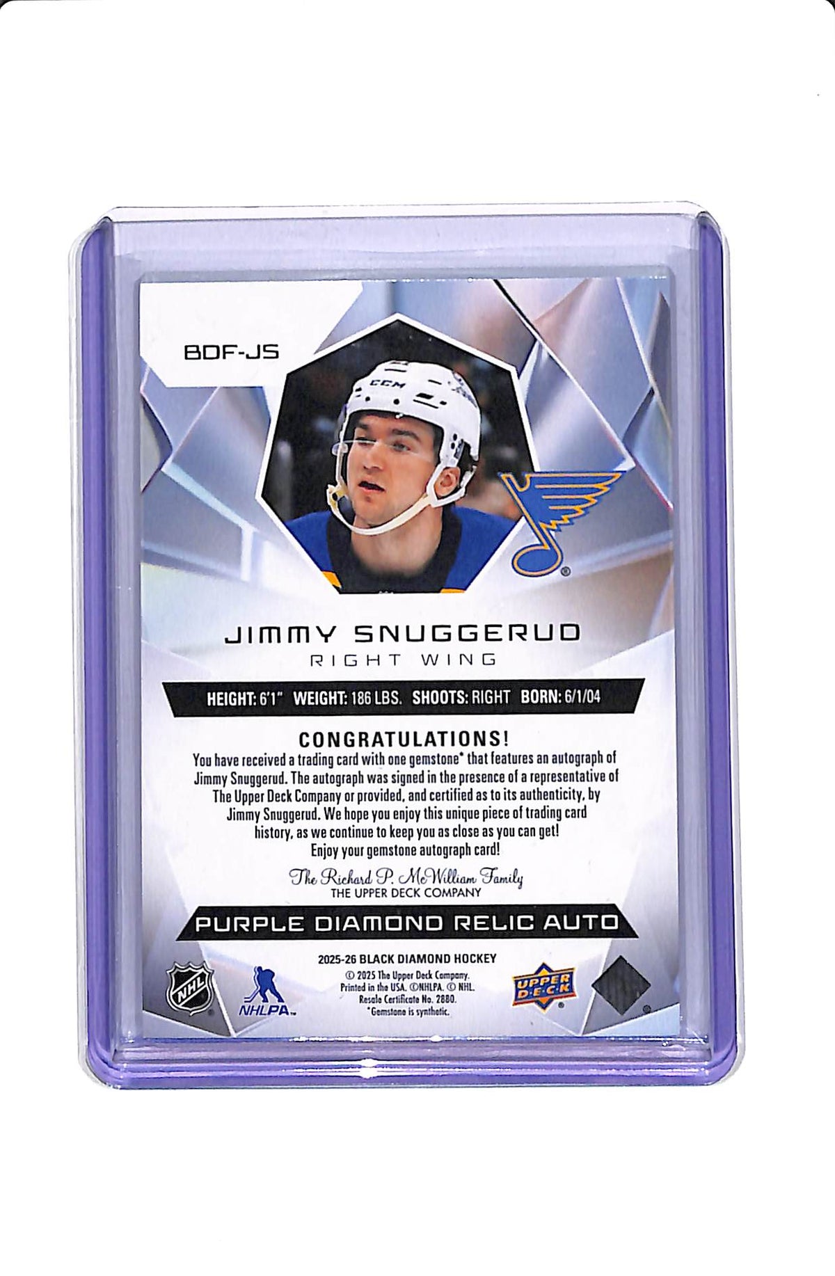 2025-26 UD BLACK DIAMOND JIMMY SNUGGERUD #BDF-JS DIAMOND FUTURES ROOKIE AUTO /10