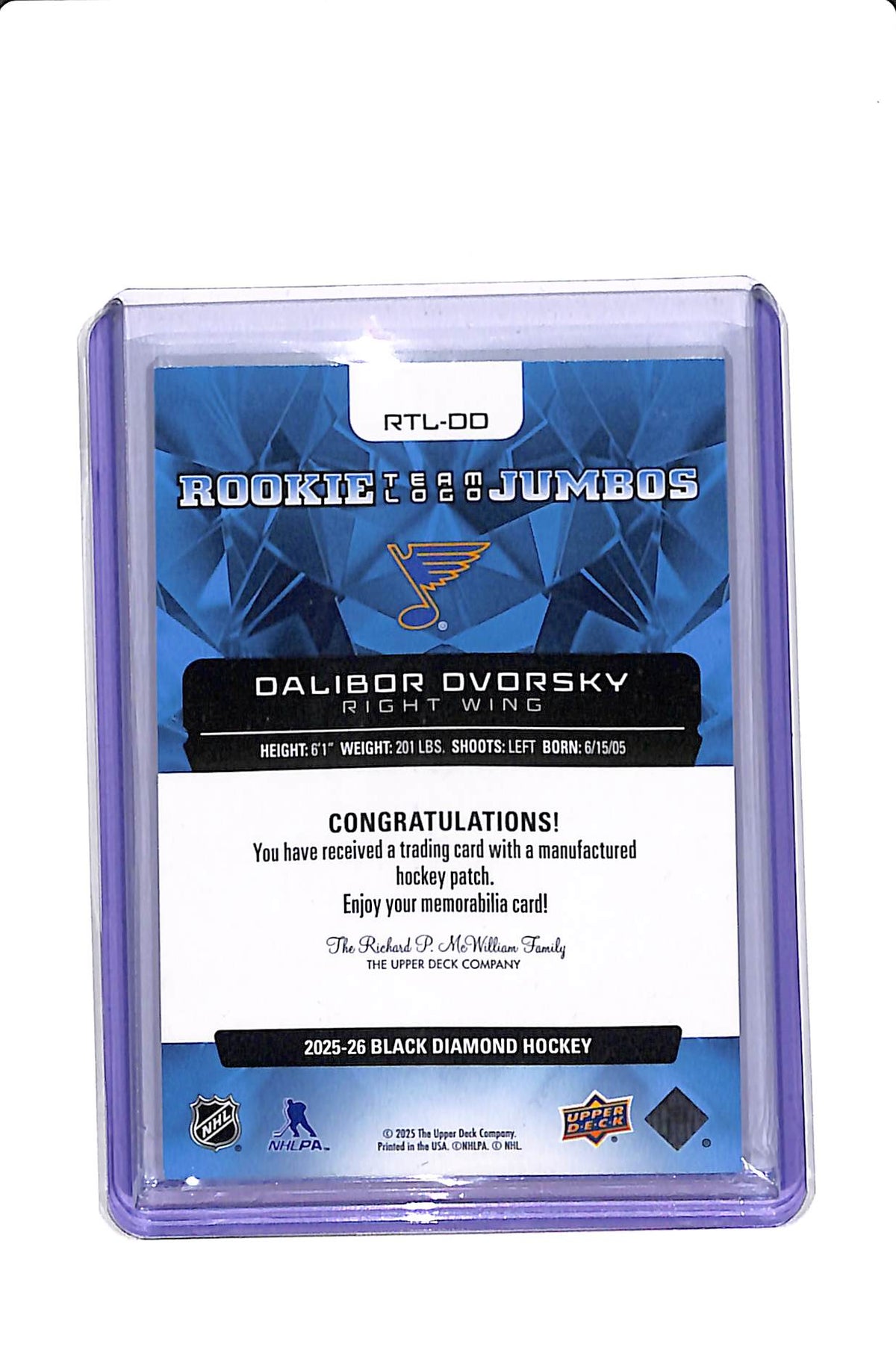 2025-26 UPPER DECK BLACK DIAMOND DALIBOR DVORSKY ROOKIE TEAM LOGO JUMBOS #RTL-DD