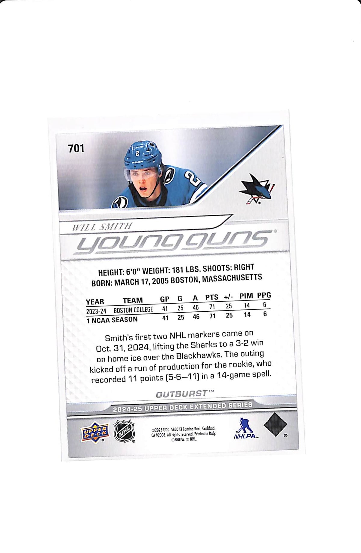 2024-25 UPPER DECK EXTENDED SERIES WILL SMITH OUTBURST YOUNG GUNS #701