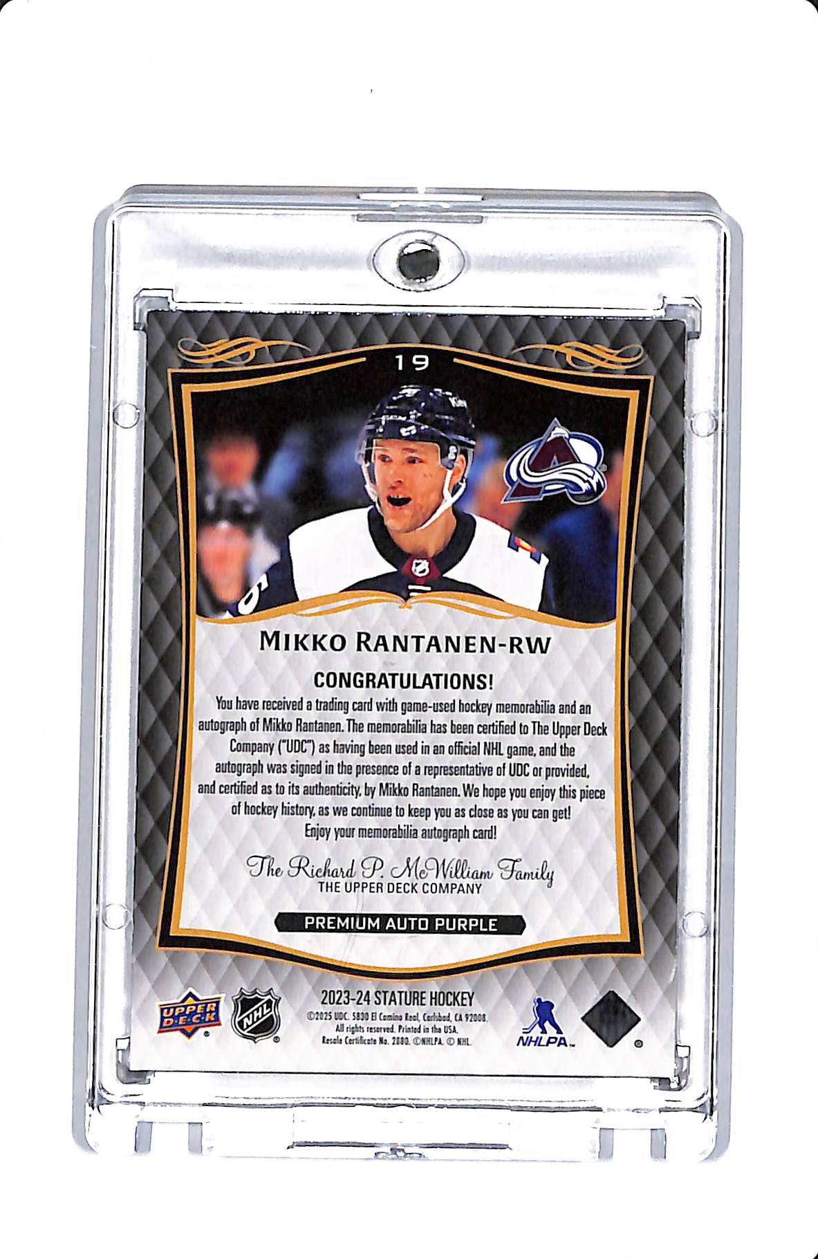 2023-24 UPPER DECK STATURE PREMIUM AUTO PURPLE MIKKO RANTANEN PATCH AUTO 1/3