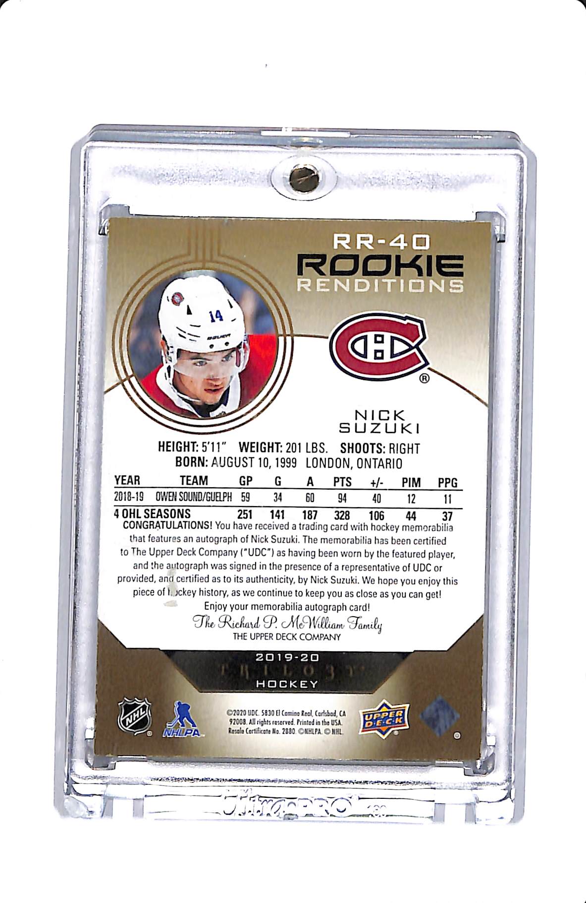 2019-20 UPPER DECK TRILOGY HOCKEY ROOKIE RENDITIONS NICK SUZUKI ROOKIE PATCH AUTO 16/25