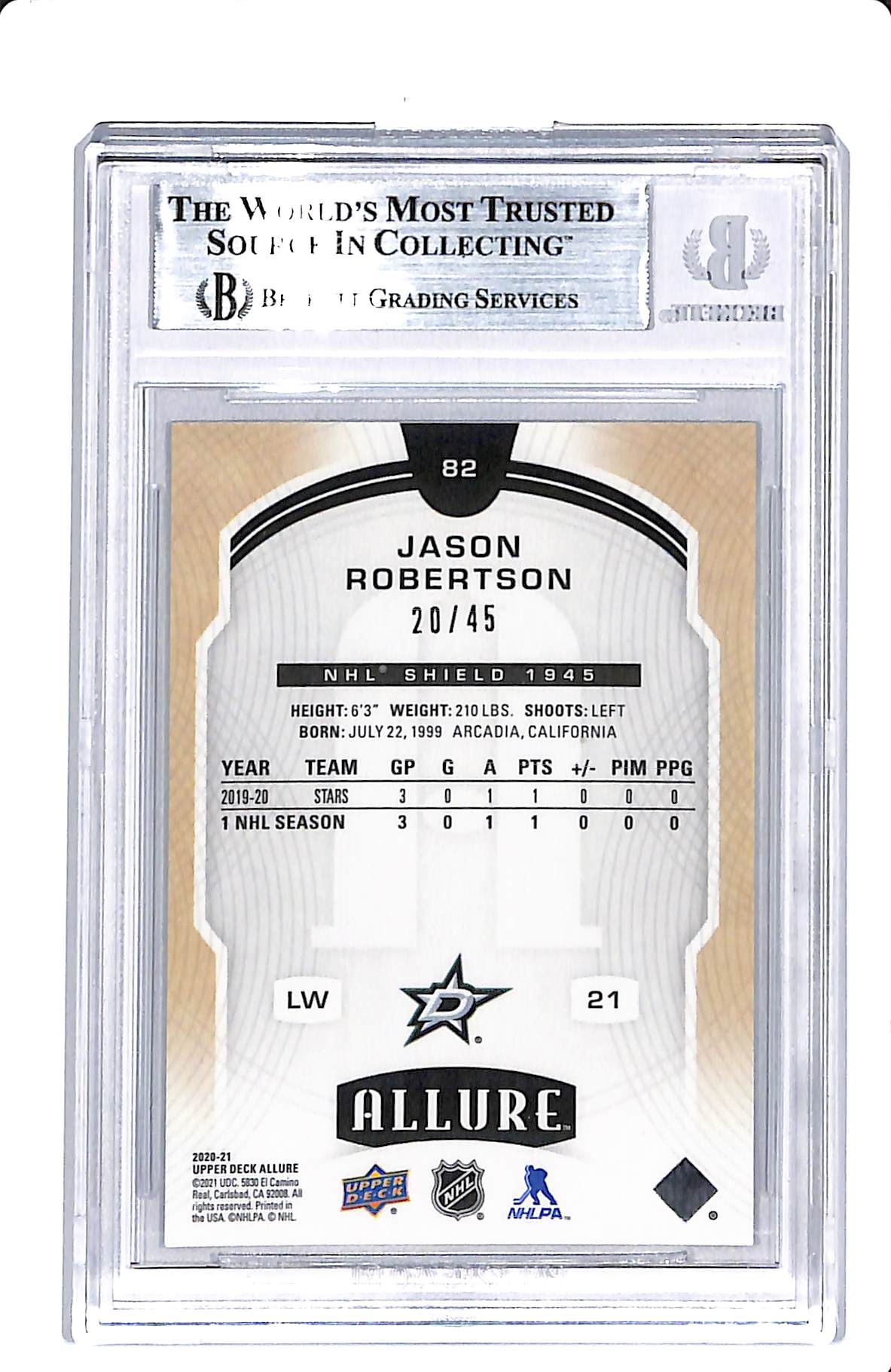 2020-21 UPPER DECK ALLURE JASON ROBERTSON 1945 SHIELD ROOKIE BGS 9