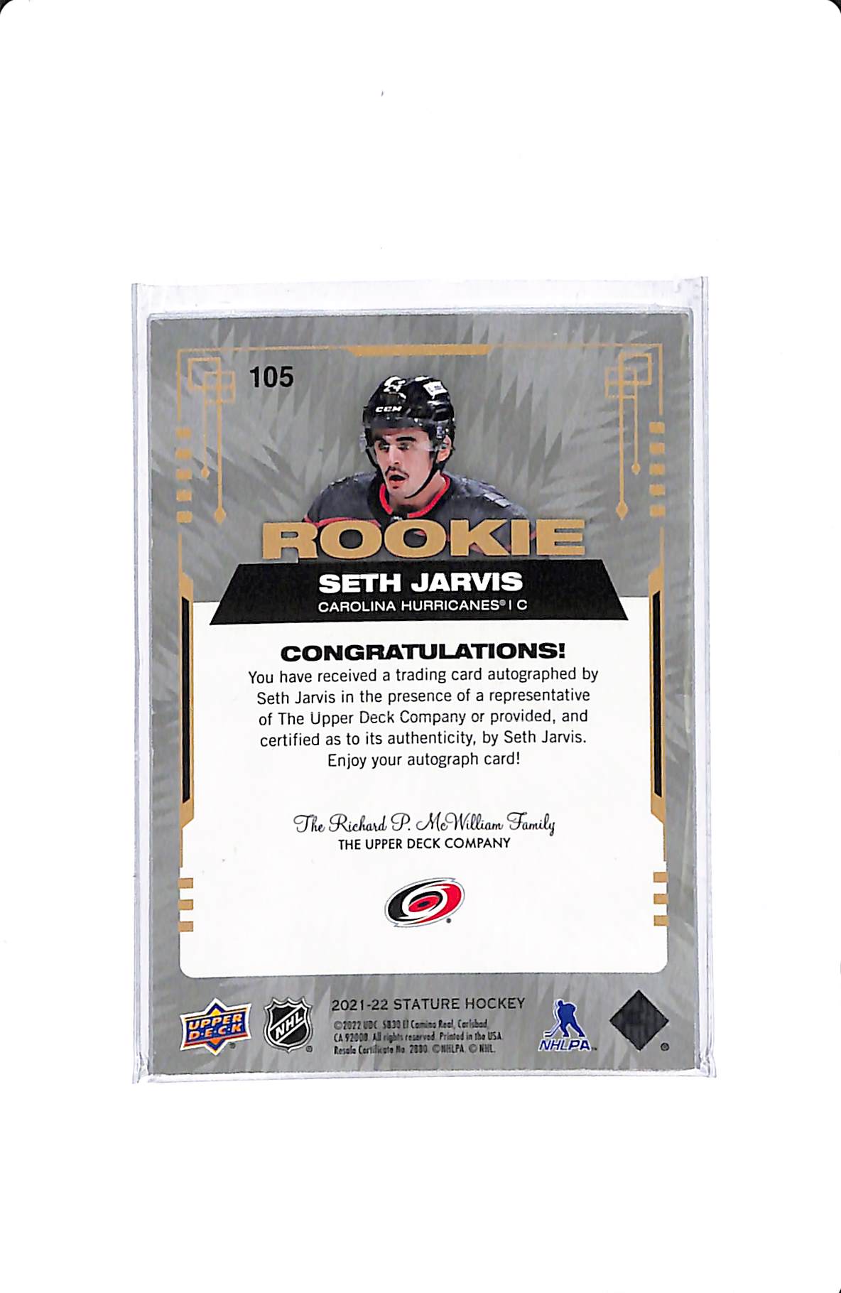 2021-22 UPPER DECK STATURE SETH JARVIS ROOKIE AUTO 49/49