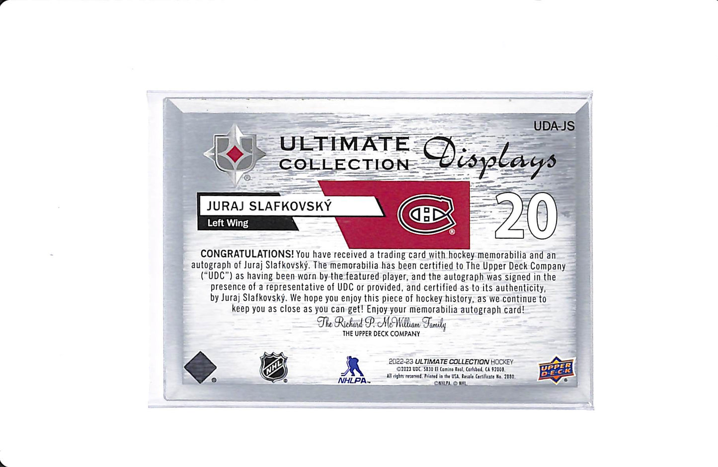 2022-23 UPPER DECK ULTIMATE JURAJ SLAFKOVSKY DISPLAYS ROOKIE AUTO 74/99