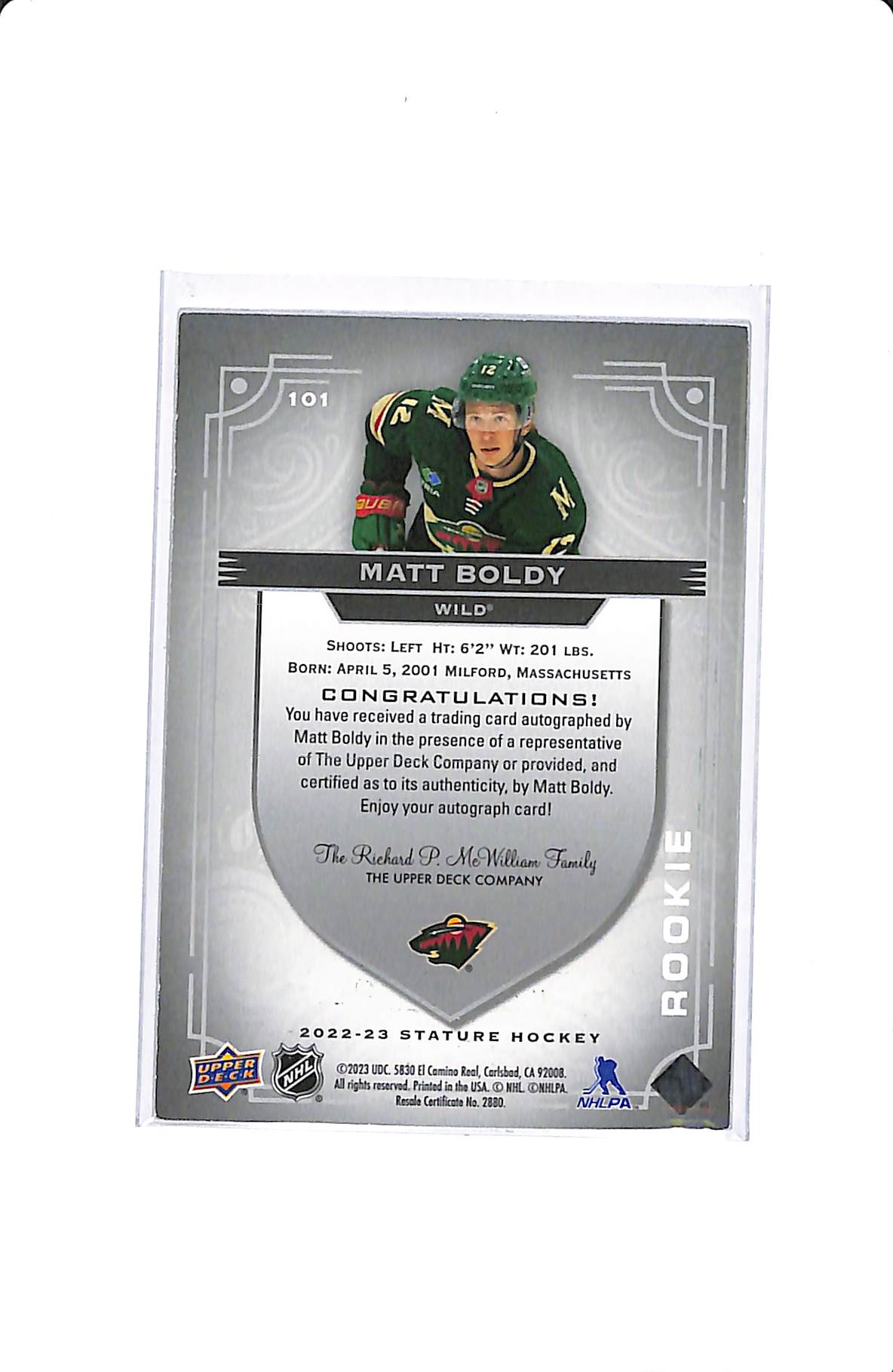 2022-23 UPPER DECK STATURE MATT BOLDY ROOKIE AUTO 013/199