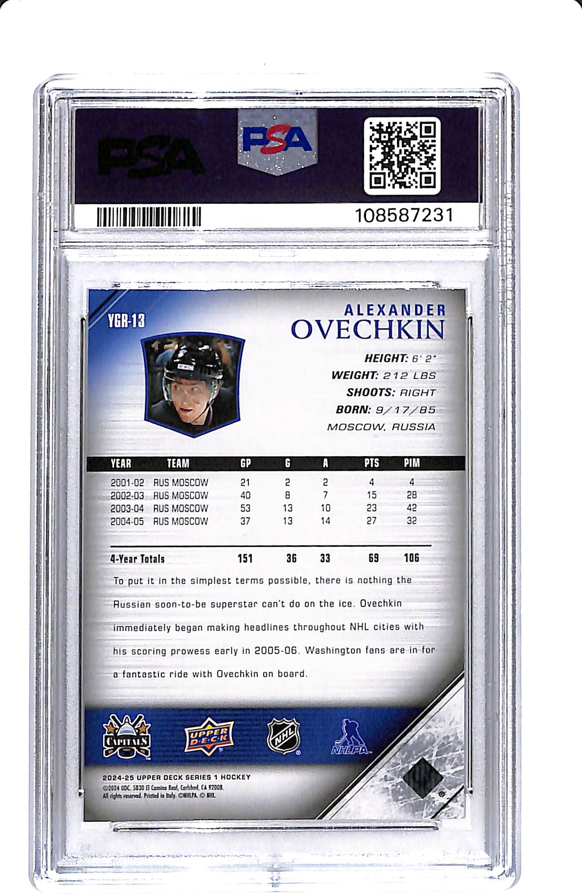 2024-25 UPPER DECK SERIES 1 ALEX OVECHKIN YOUNG GUNS RENEWED PSA 10