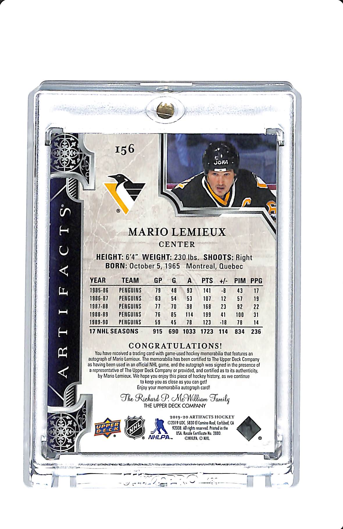 2019-20 UD ARTIFACTS MARIO LEMIEUX PATCH AUTO 03/10