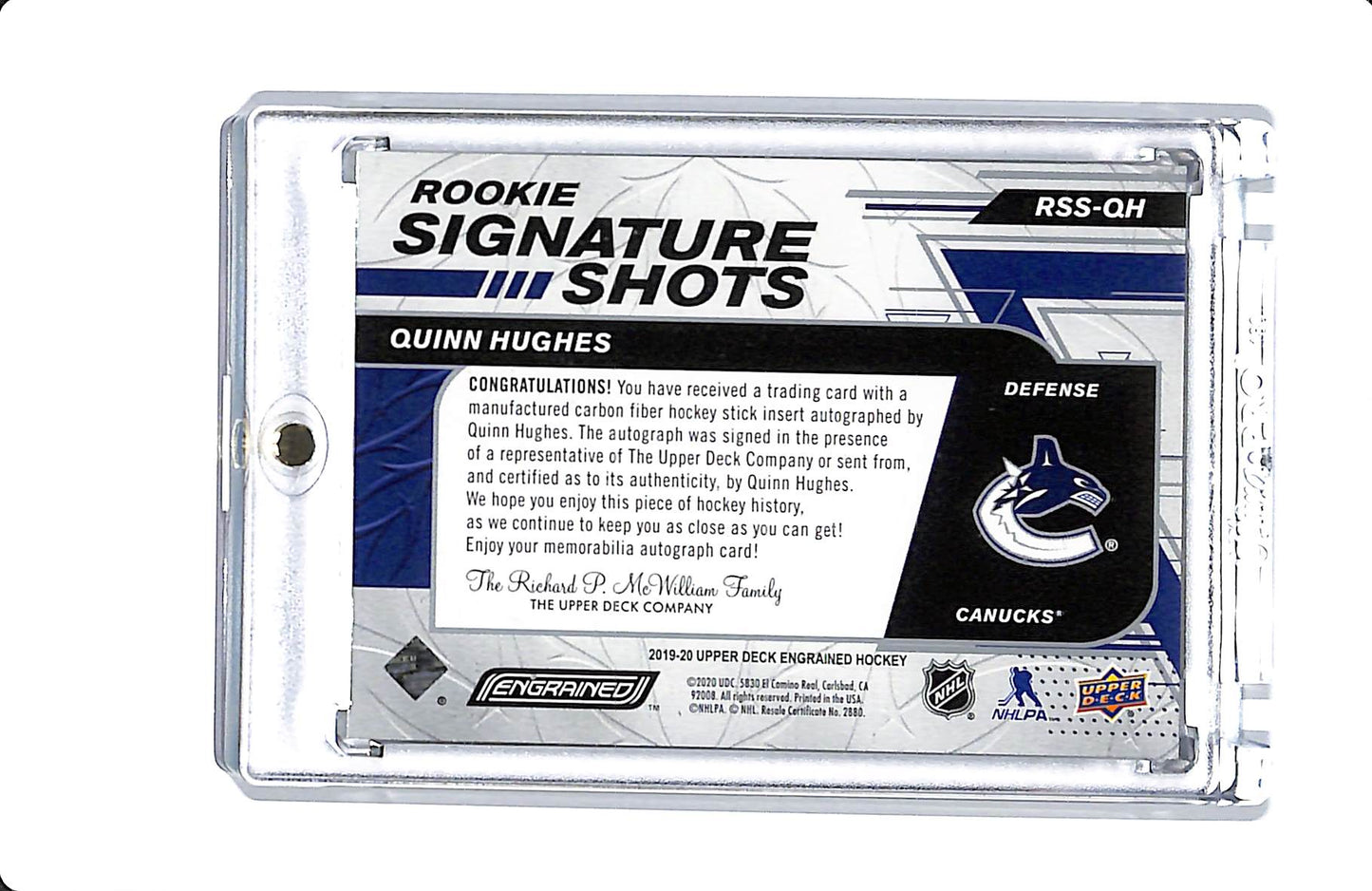 2019-20 UPPER DECK ENGRAINED ROOKIE SIGNATURE SHOTS QUINN HUGHES 070/149