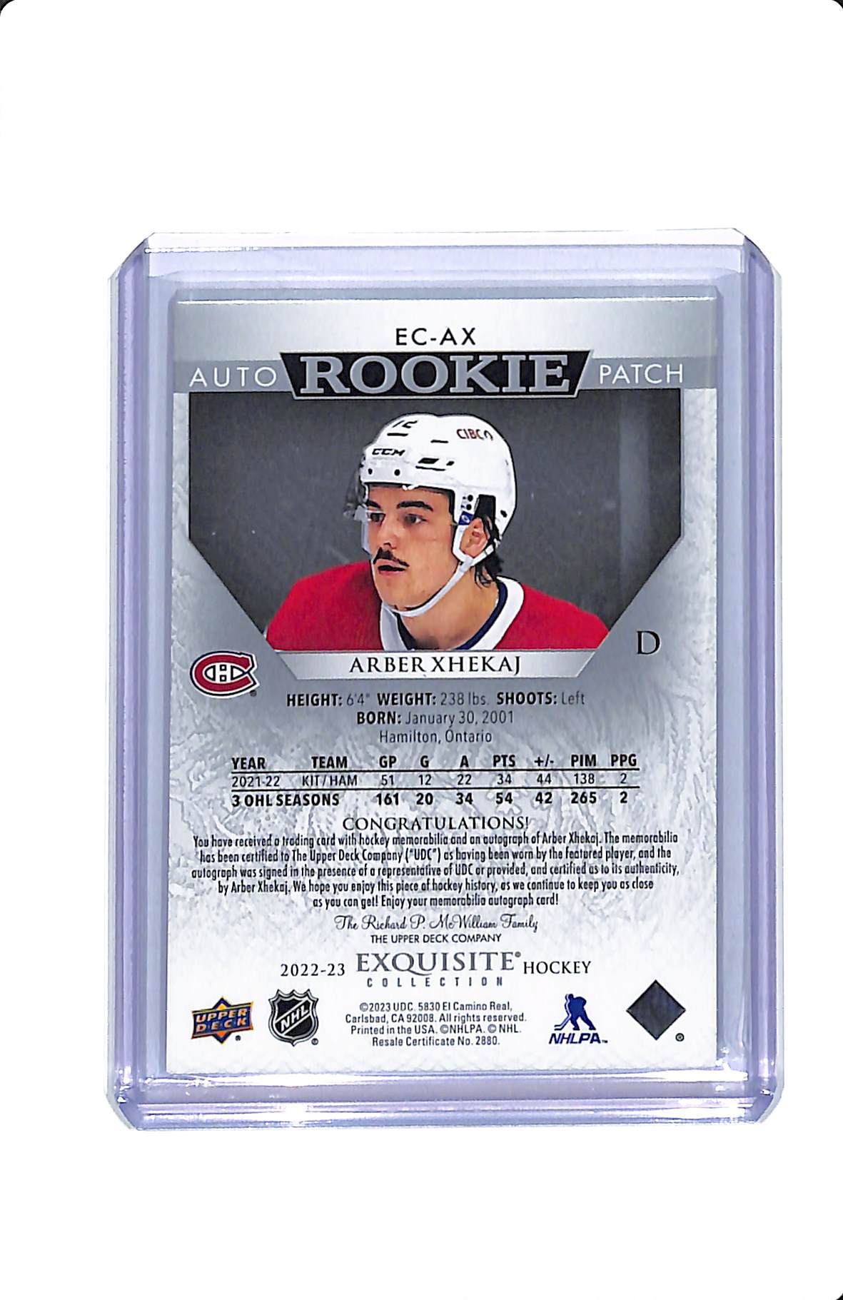 2022-23 EXQUISITE COLLECTION ARBER XHEKAJ AUTO ROOKIE PATCH 33/72