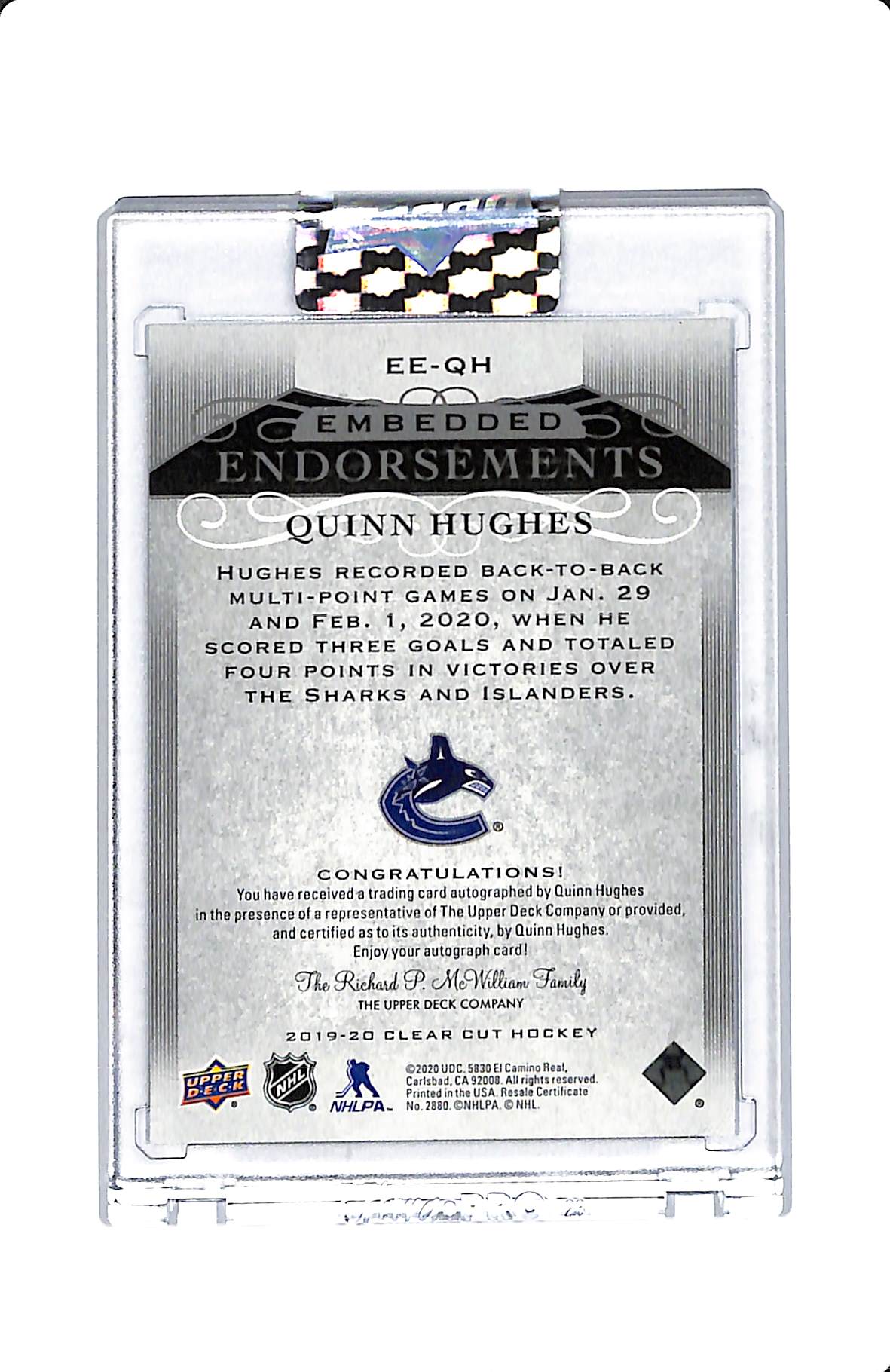 19-20 UD CLEAR CUT QUINN HUGHES EMBEDDED ENDORSEMENTS 03/99